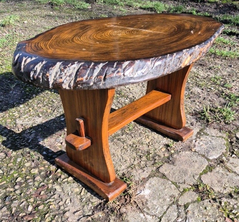 Furniture Handmade Rustic Vintage Wooden Coffee Table Oval Tree Trunk Side Table photo
