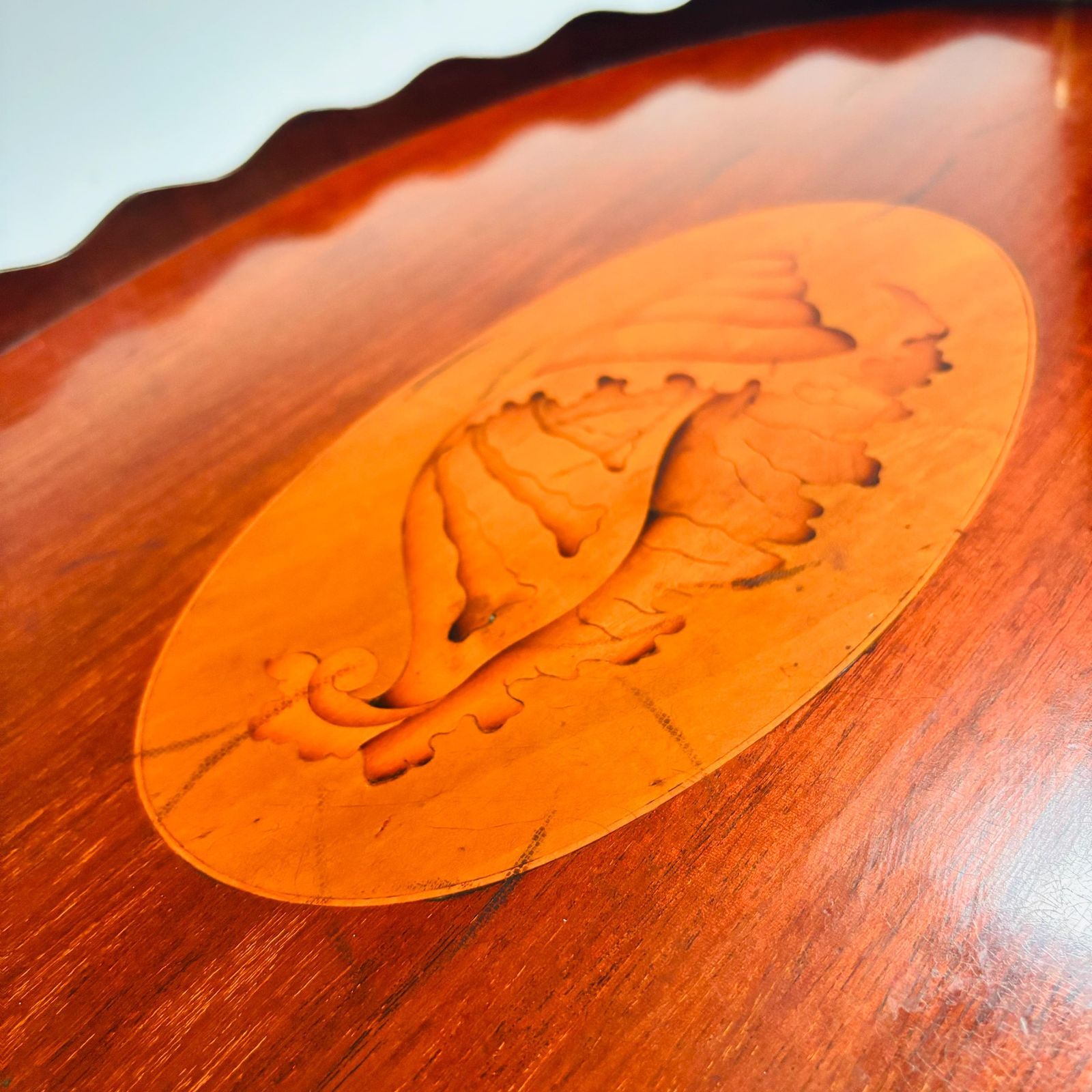 photo furniture Antique Edwardian Mahogany Tray | Marquetry Inlaid Shell With Brass Handles | Butler's Tea 19c