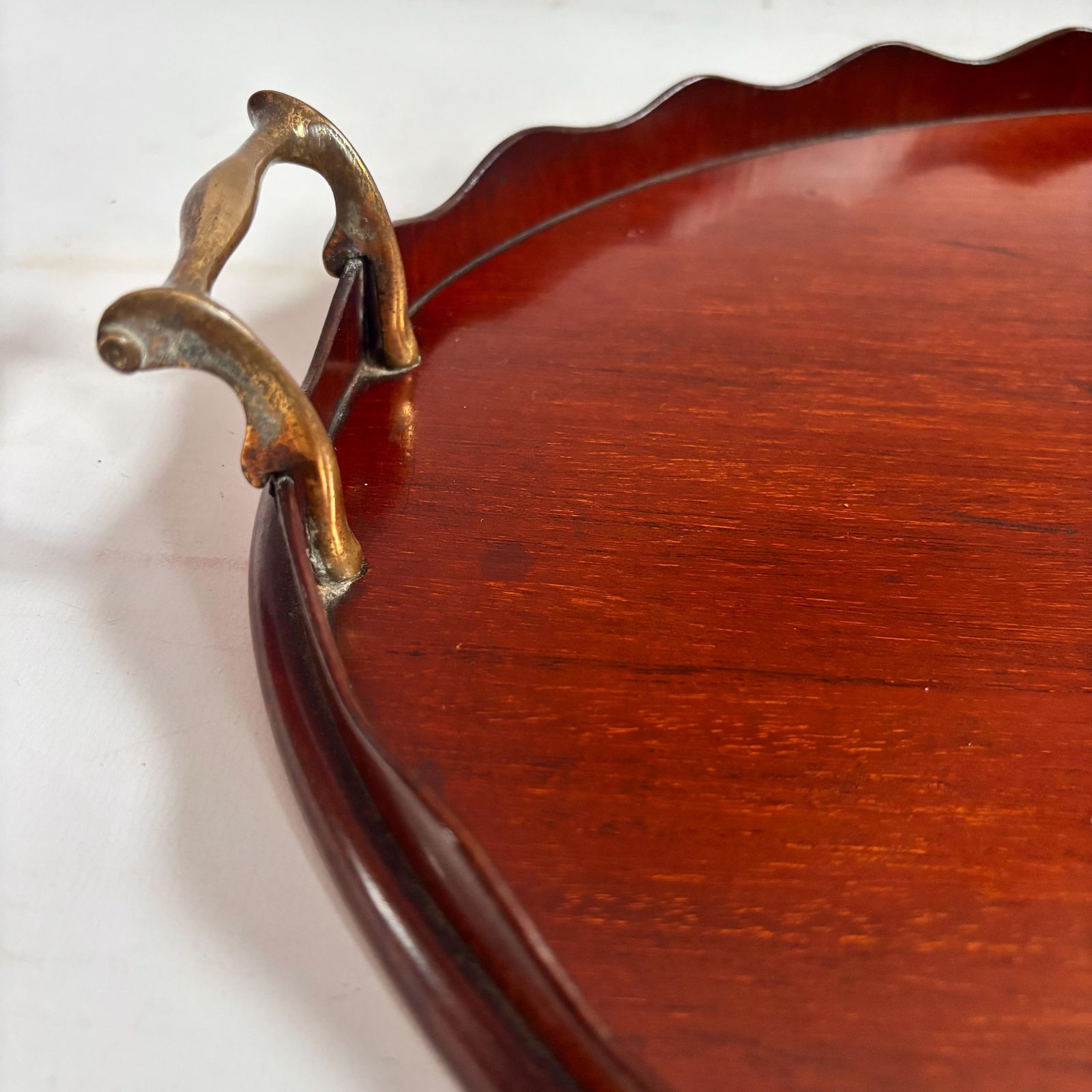 289.0 Antique Edwardian Mahogany Tray | Marquetry Inlaid Shell With Brass Handles | Butler's Tea 19c photo