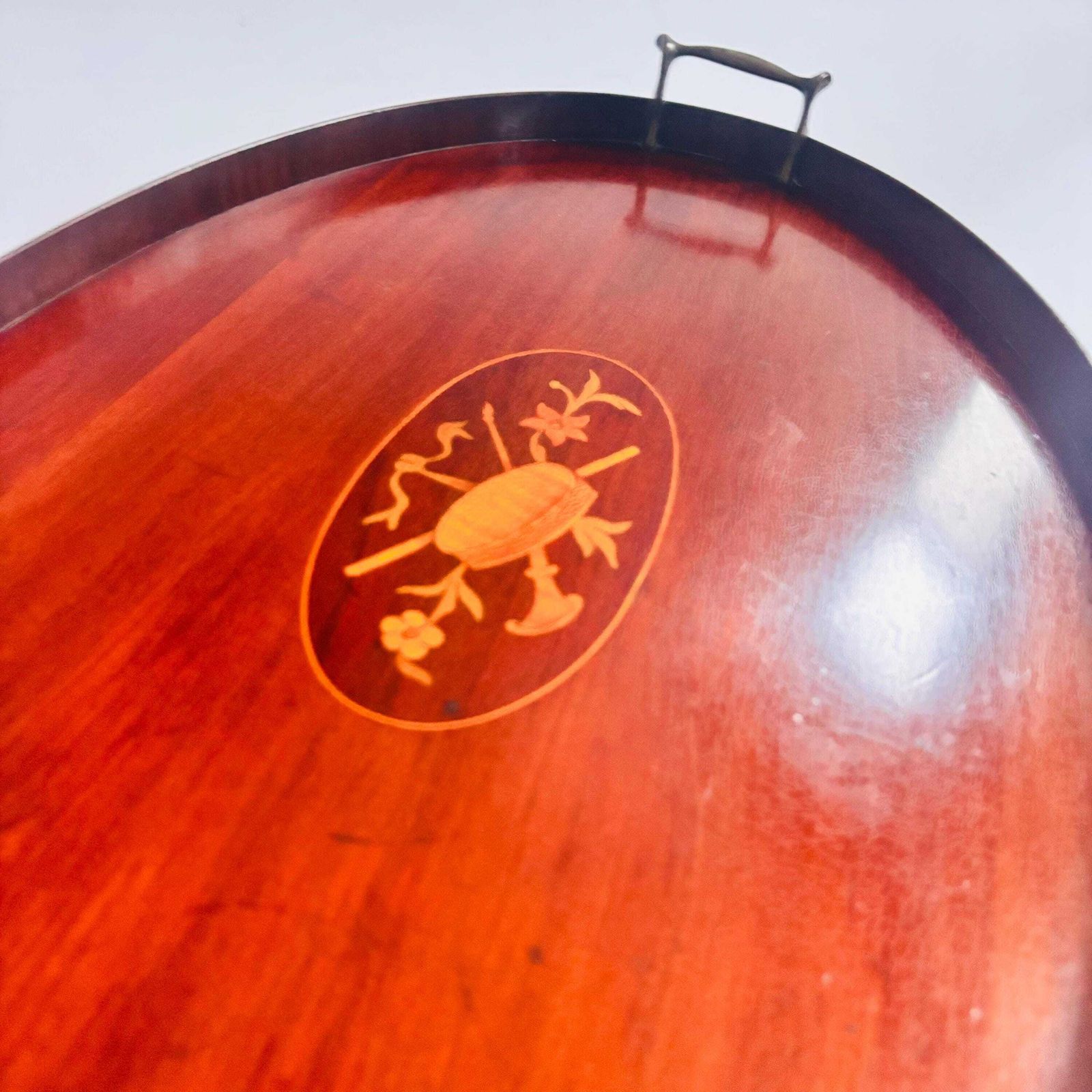 Antique Edwardian Mahogany Tray | Marquetry Inlaid With Brass Handles | Butler's Tea 1880s photo for sale