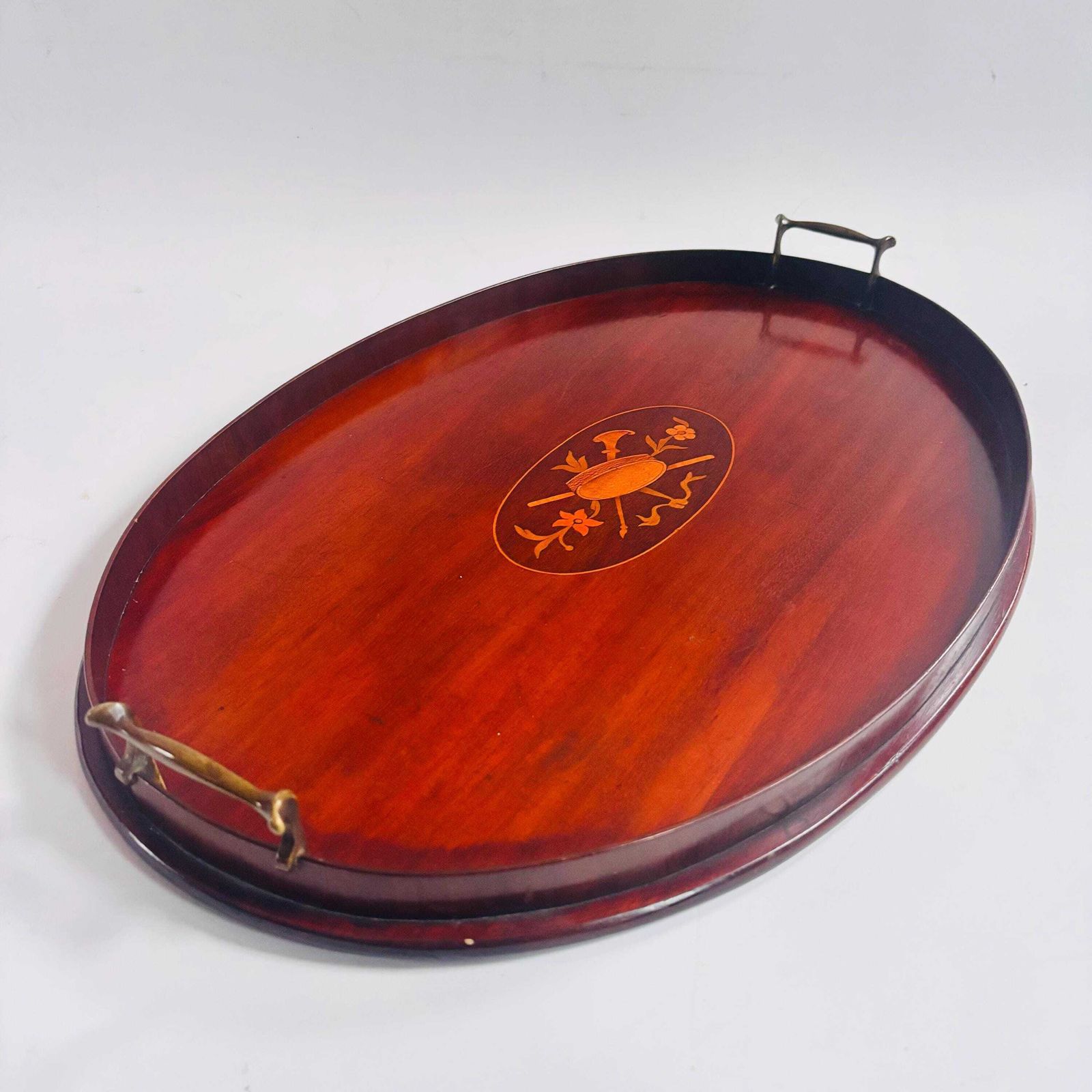 Antique Edwardian Mahogany Tray | Marquetry Inlaid With Brass Handles | Butler's Tea 1880s photo 295.0