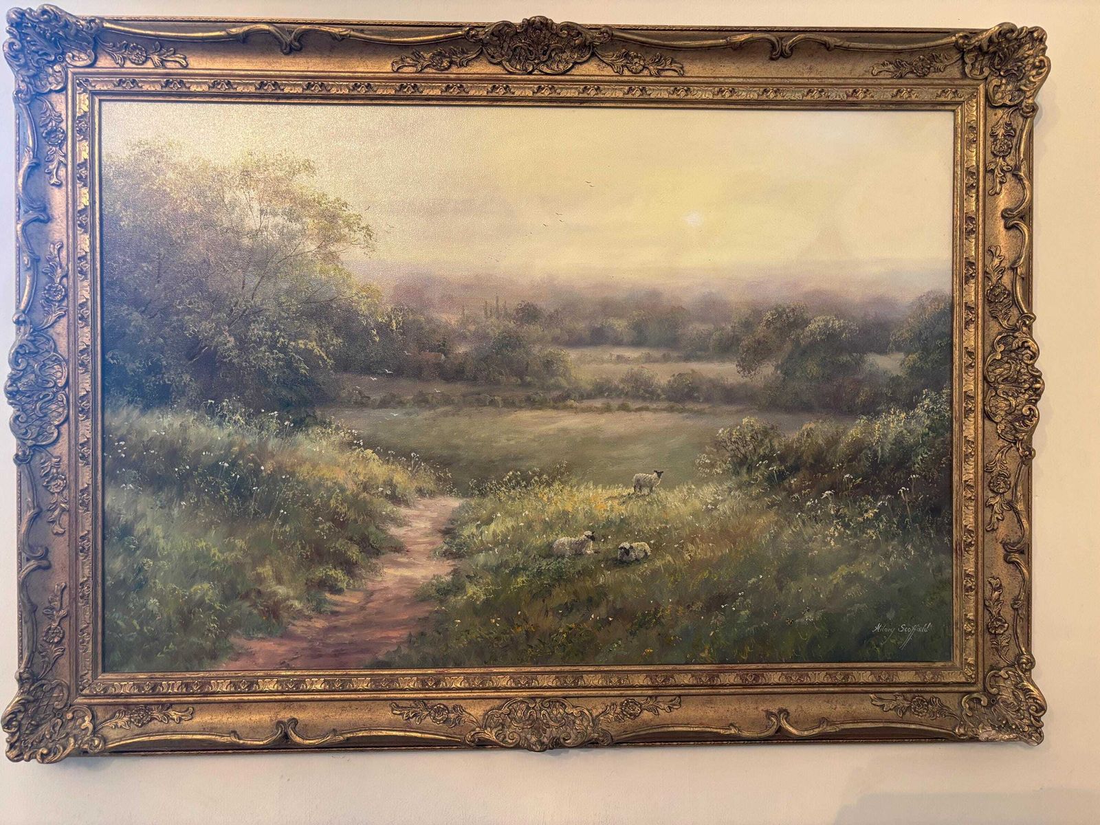 Oil On Canvas By Hilary Scoffield. Pastoral Scene Sheep Grazing Ornate Frame photo furniture