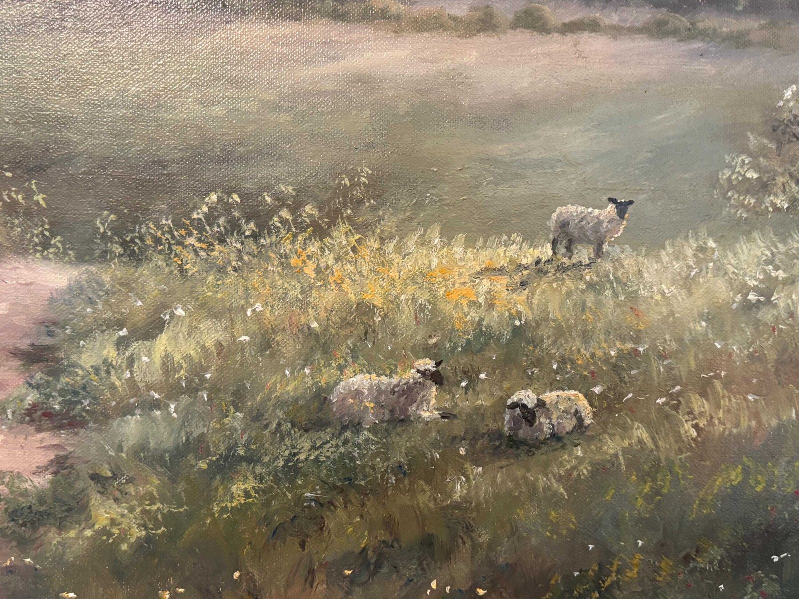 Oil On Canvas By Hilary Scoffield. Pastoral Scene Sheep Grazing Ornate Frame photo vinterior