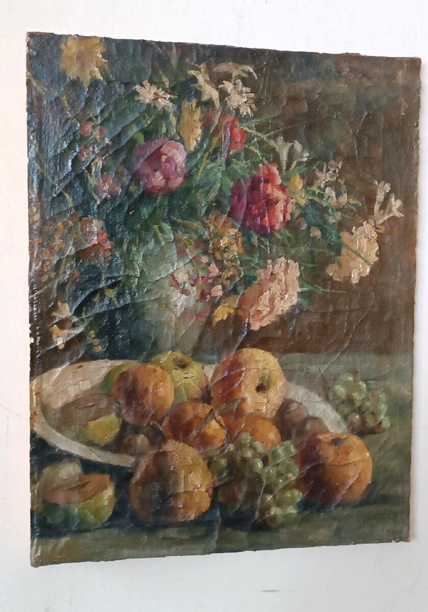 19th Century Oil Painting On Canvas Depicting A Vase Of Fruit With Flowers