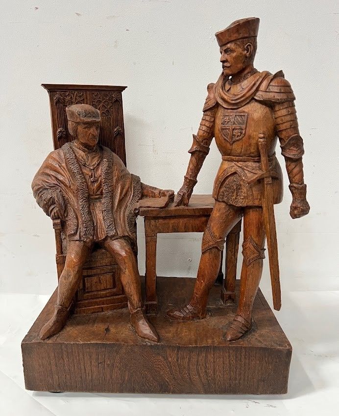 Wooden Group Carved With The Effigy Of Two Notables 20th Century