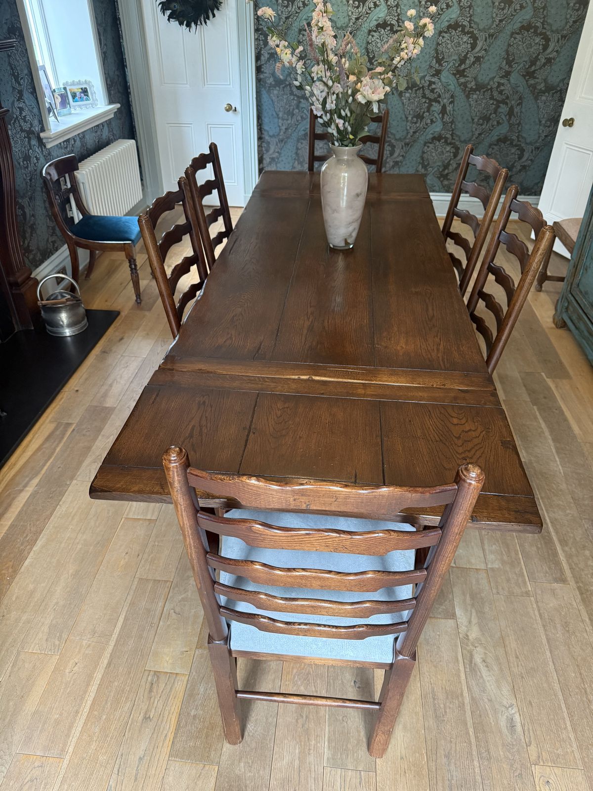 English Oak, Drawer Leaf Refectory Table & 6 Ladderback Chairs photo for sale