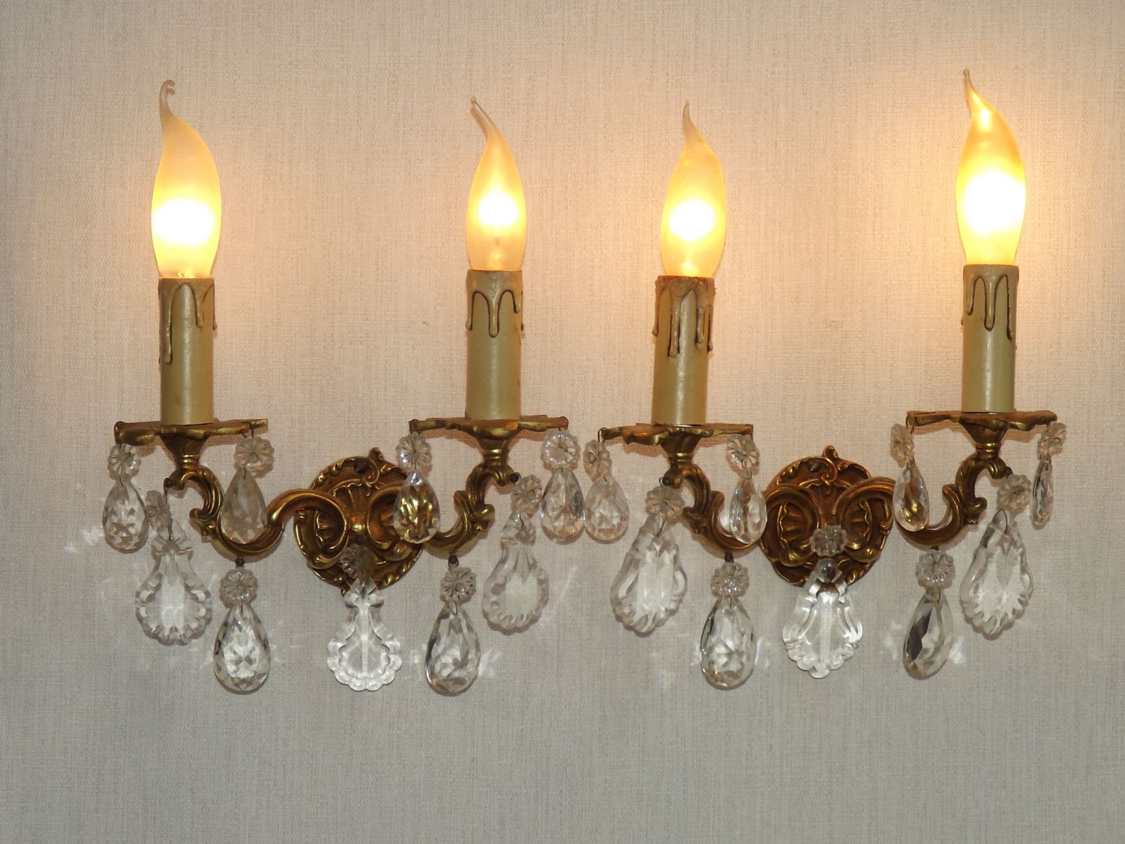 Pair Of French Vintage Double Bronze Crystal Wall Lights With Acanthus Detail photo for sale