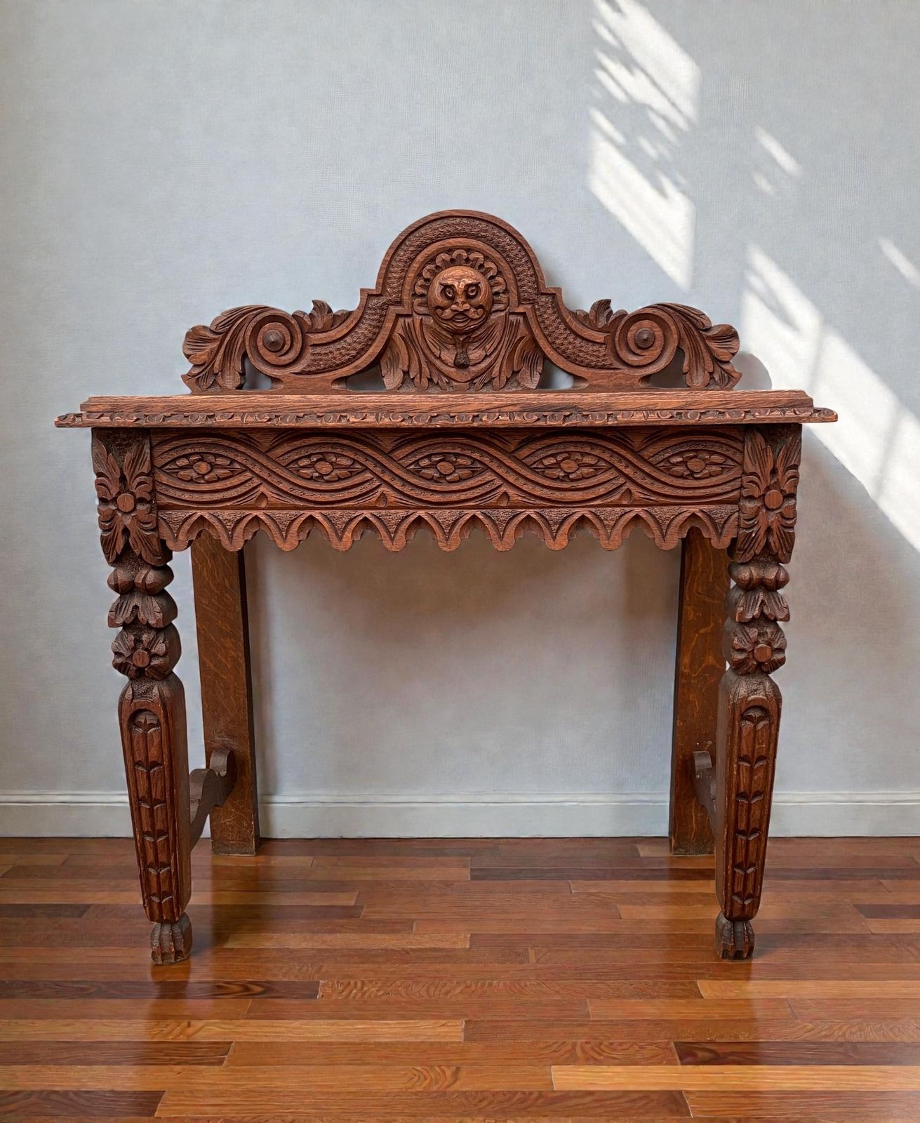 1860's Antique Victorian Carved Oak Console Hall Table With Green Man Motif photo Furniture
