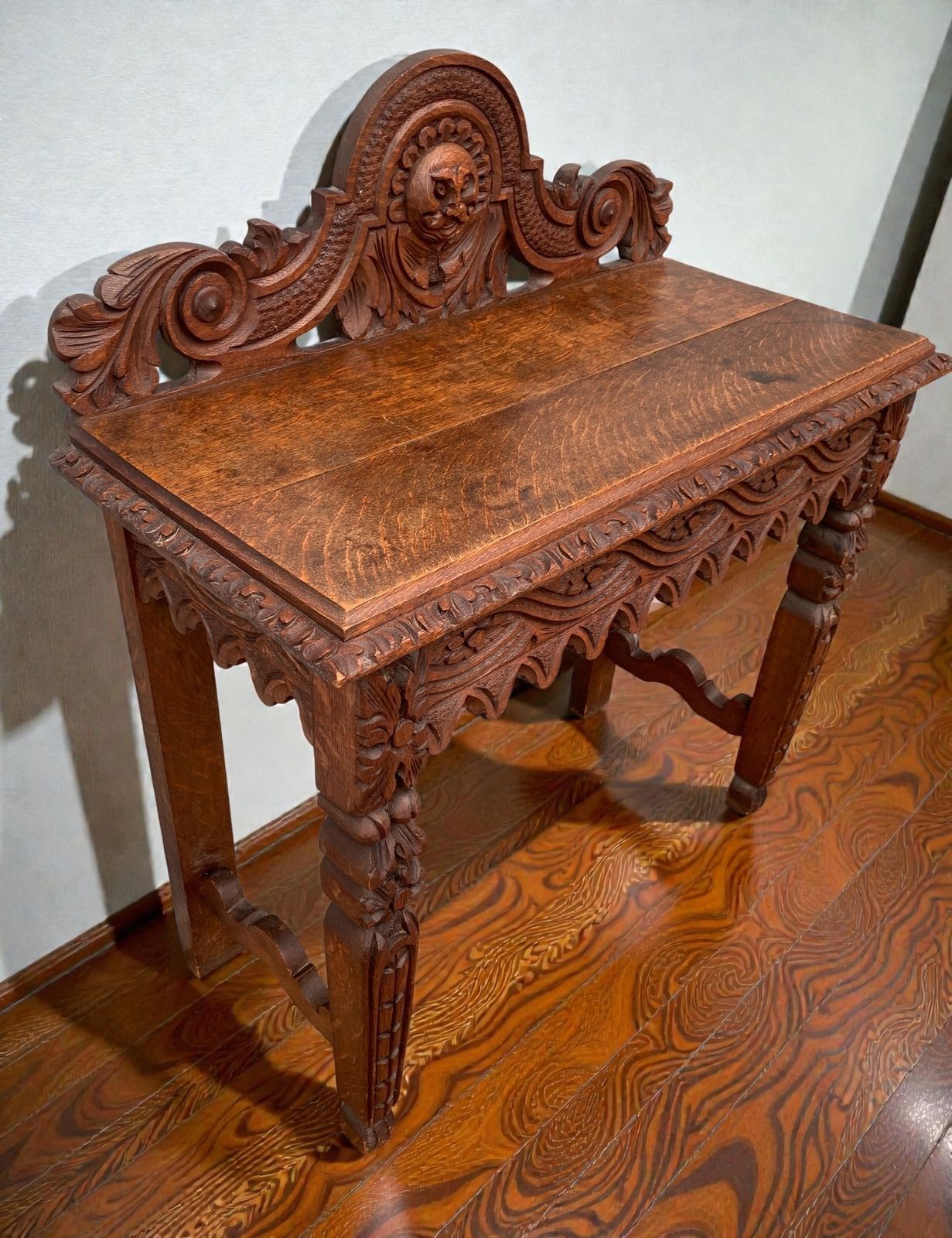 1860's Antique Victorian Carved Oak Console Hall Table With Green Man Motif photo 517.0