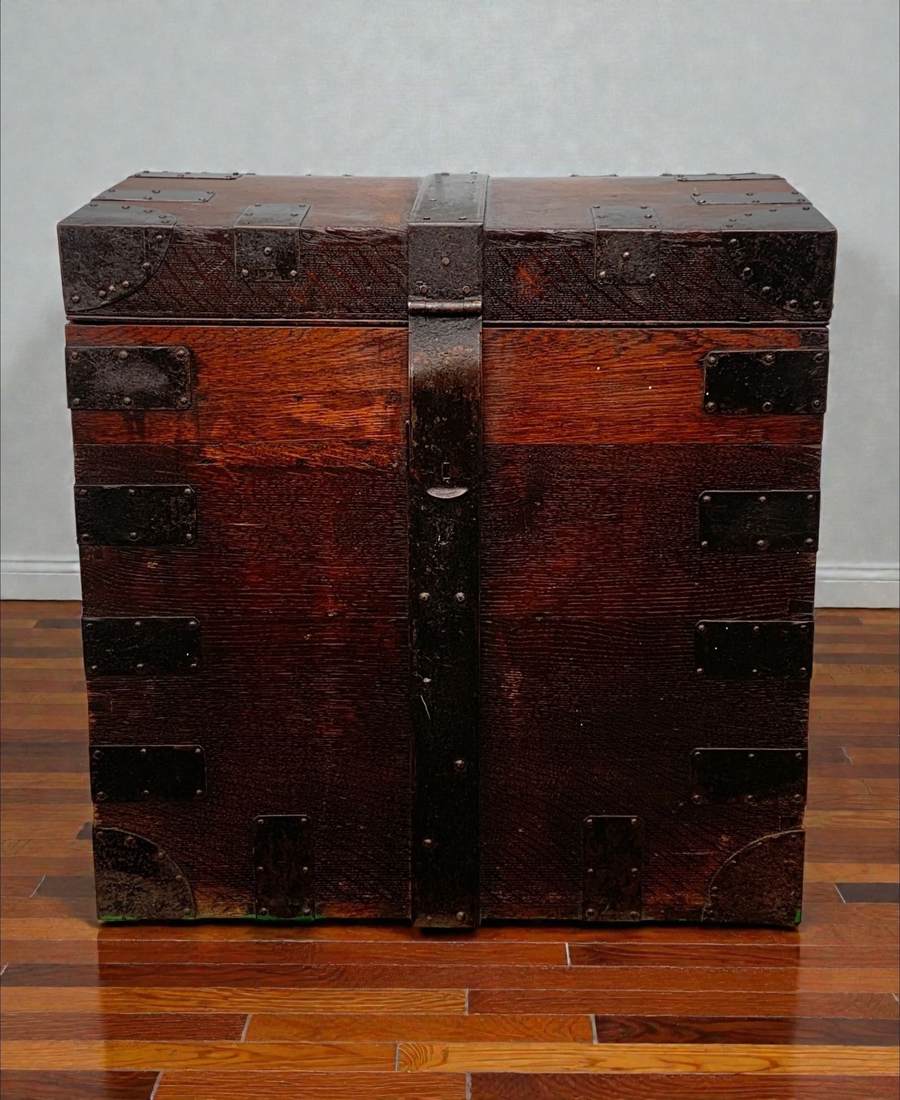 Antique Oak, Bound Iron Storage Trunk, Silver Chest, Campaign Chest, C 1800's. photo for sale