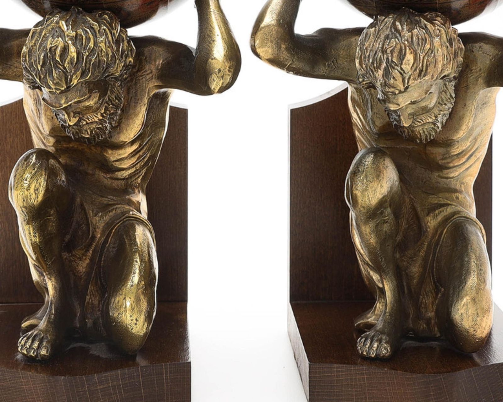 Pair Of 20th Century Atlas Globe Bookends Bronze & Wood Figurine Of Book Holders photo for sale
