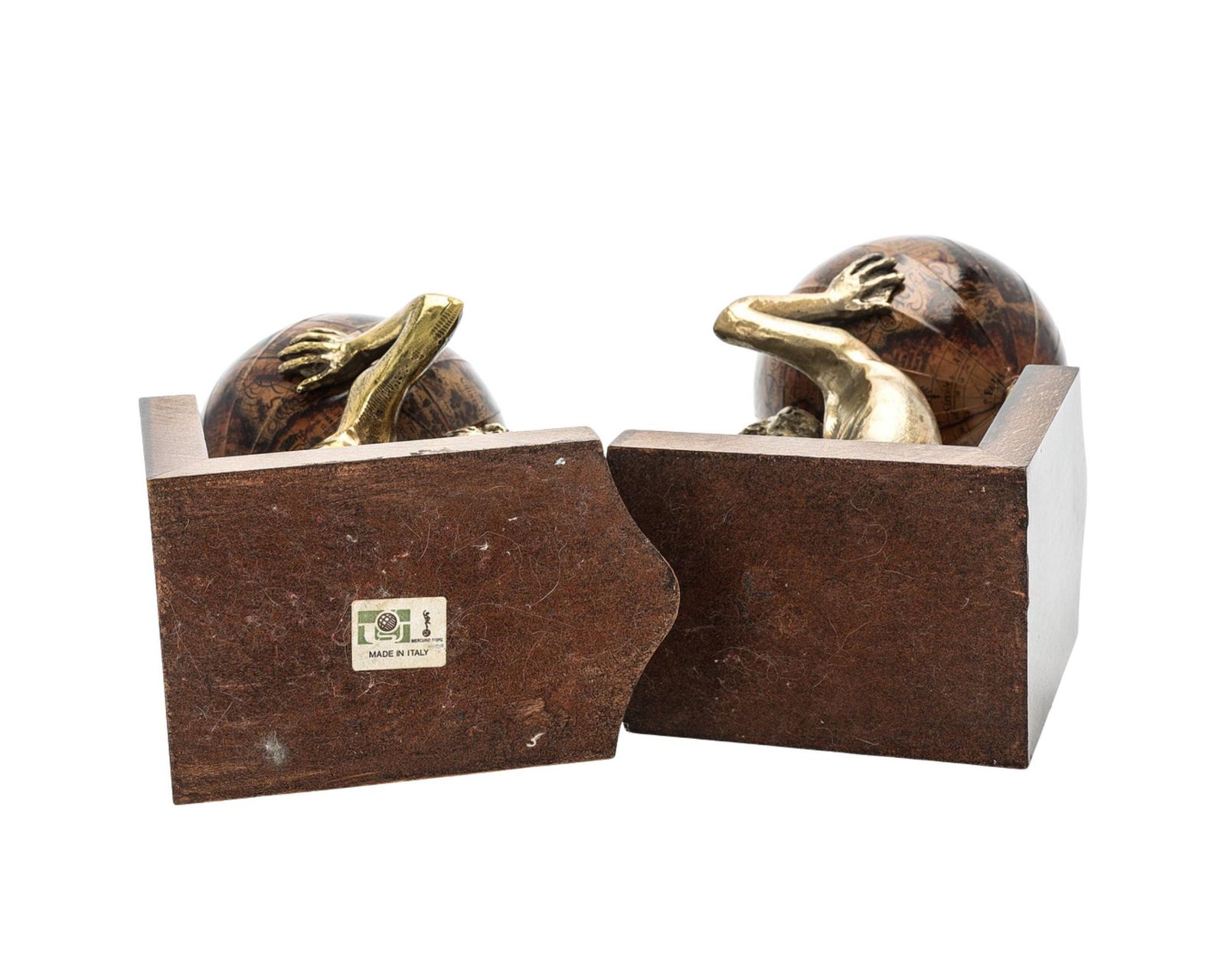 photo furniture Pair Of 20th Century Atlas Globe Bookends Bronze & Wood Figurine Of Book Holders
