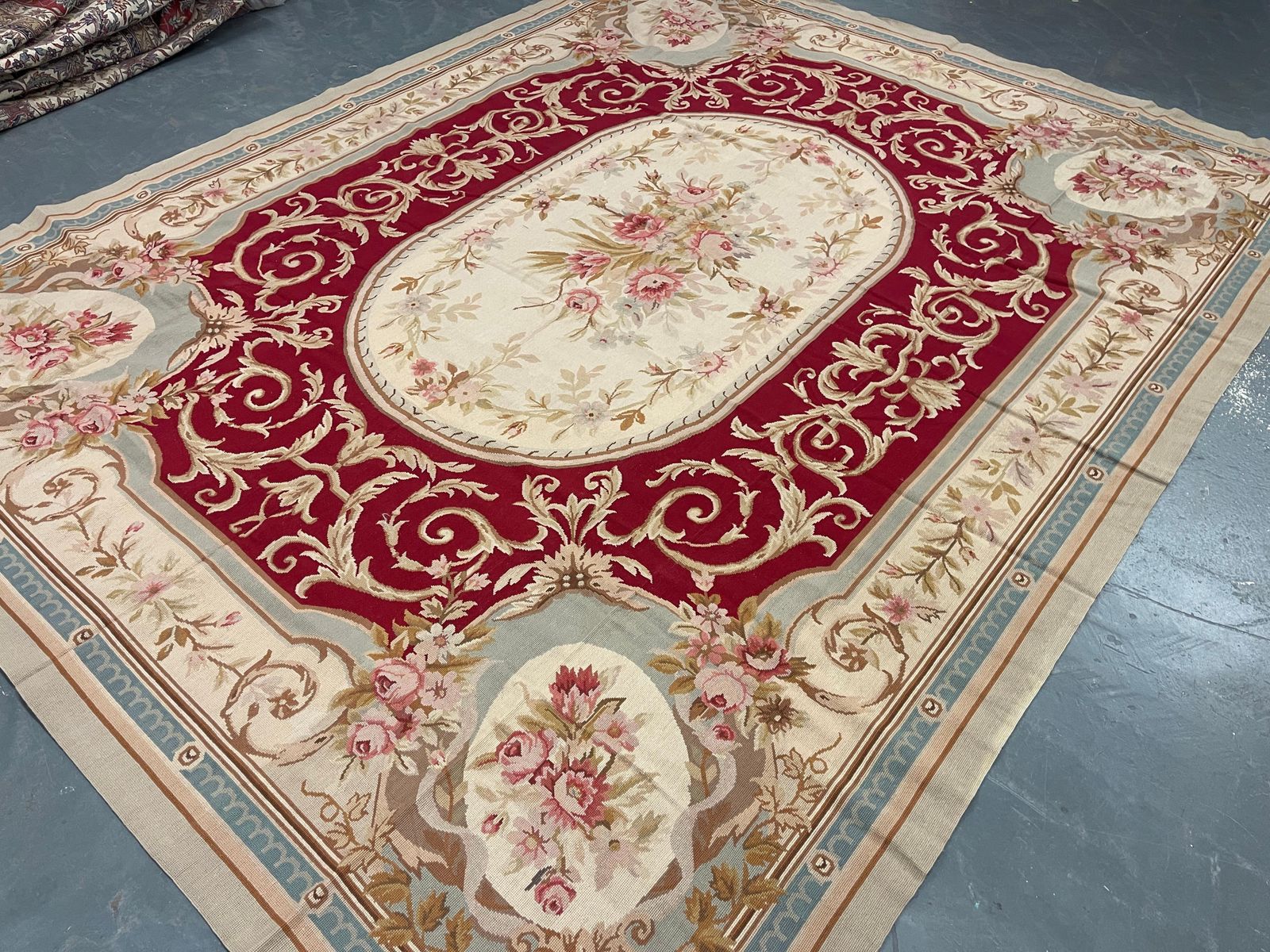 Red Beige Aubusson Rug French Traditional Carpet Handwoven Floral Needlepoint photo furniture