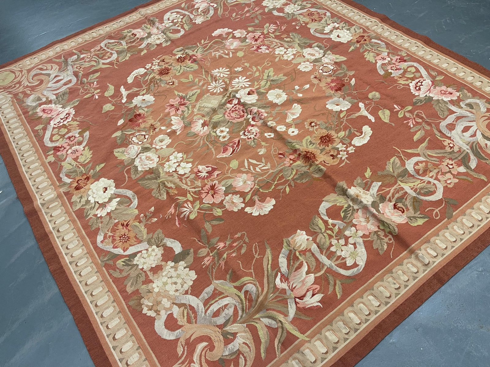 Rust Brown Carpet Aubusson Square Rug Handwoven Wool Needlepoint Livingroom Rug photo for sale