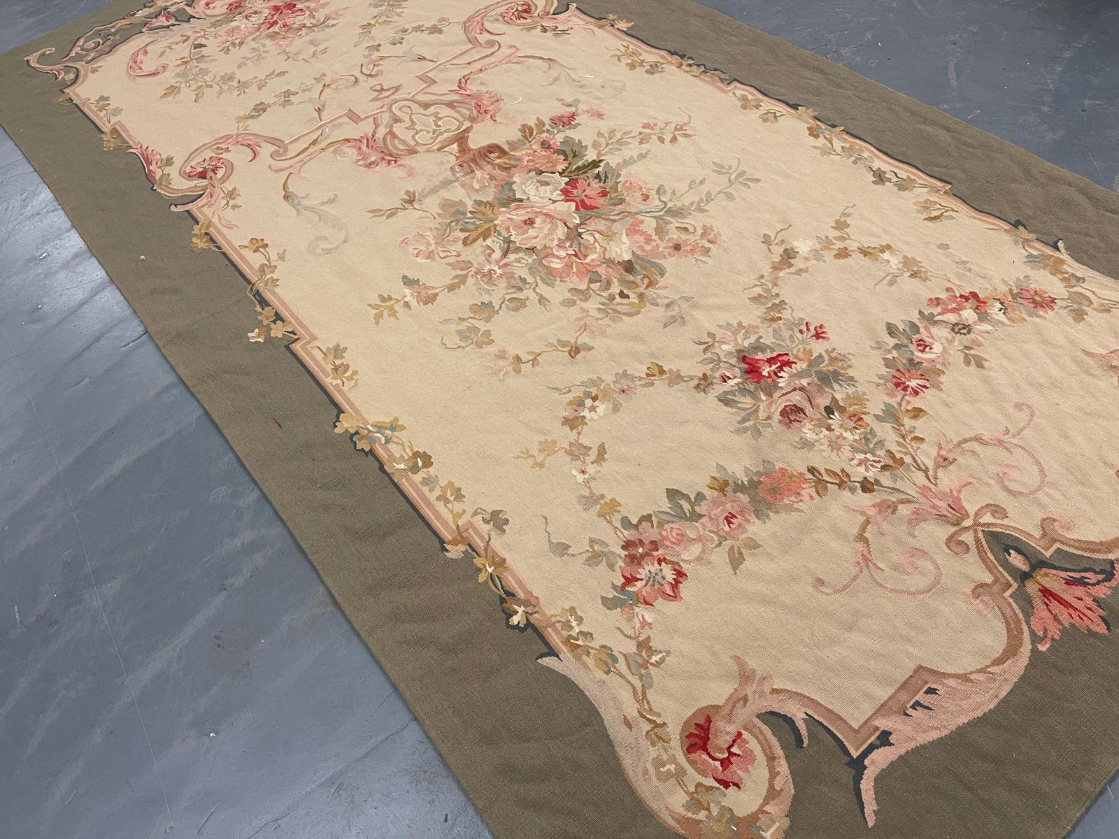 Traditional Green Baige Rug Carpet Aubusson Style Area Rug Wool Handwoven Runner photo furniture