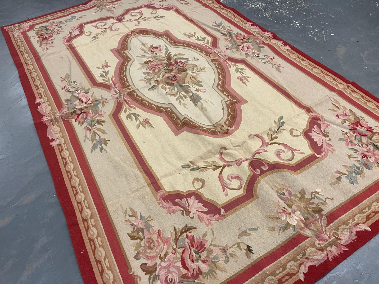 Beige Aubusson Rug Botanical Carpet Handwoven Wool Needlepoint Floral Rug photo furniture