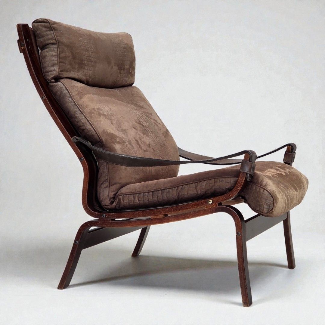 1970s, Scandinavian Lounge Chair, Nubuck Leather, Canvas, Beech Wood.