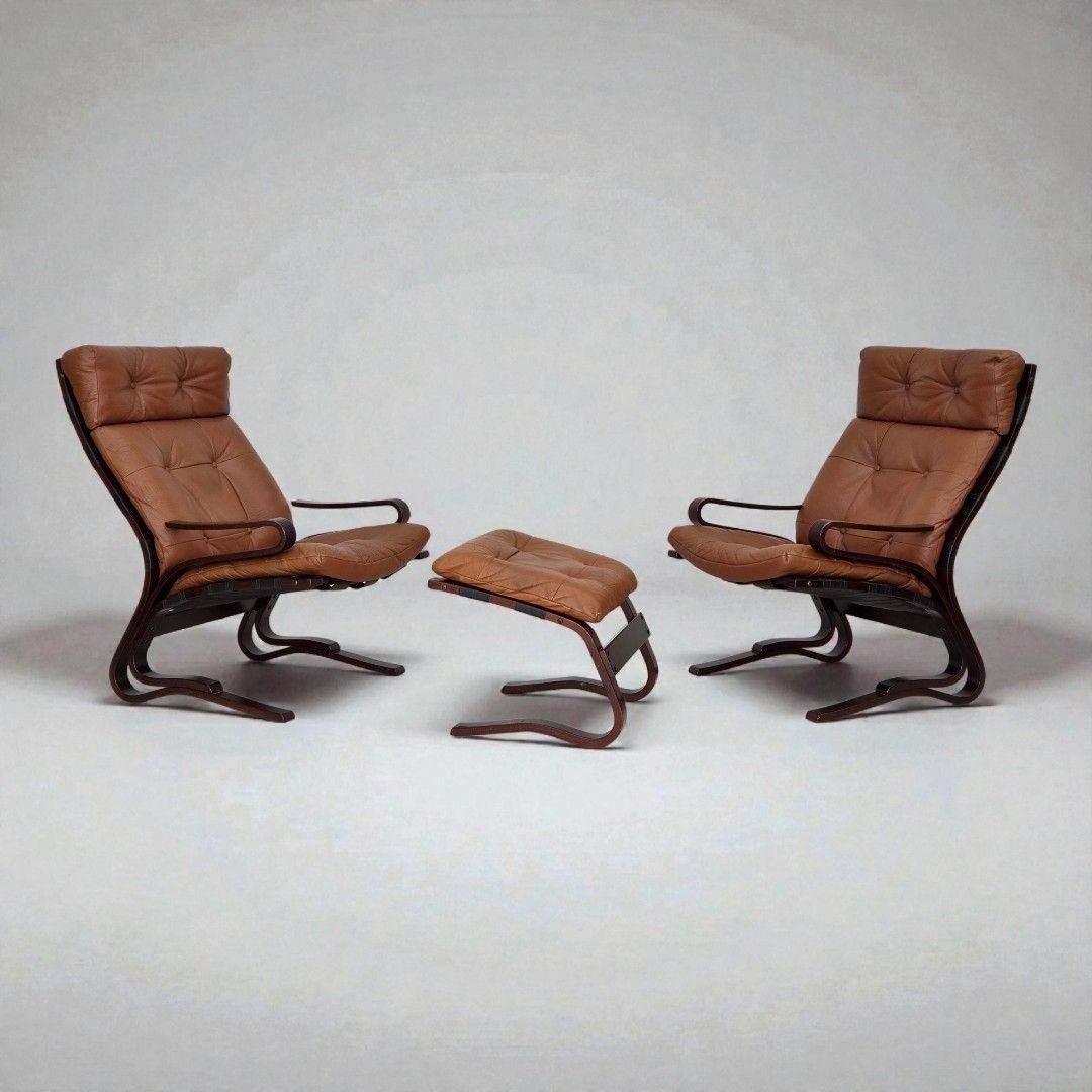 Jaren 1970, Noors Design Van Else & Nordahl Solheim, Set Van 2 Stoelen Met Voetenbank, Model "Kengu".