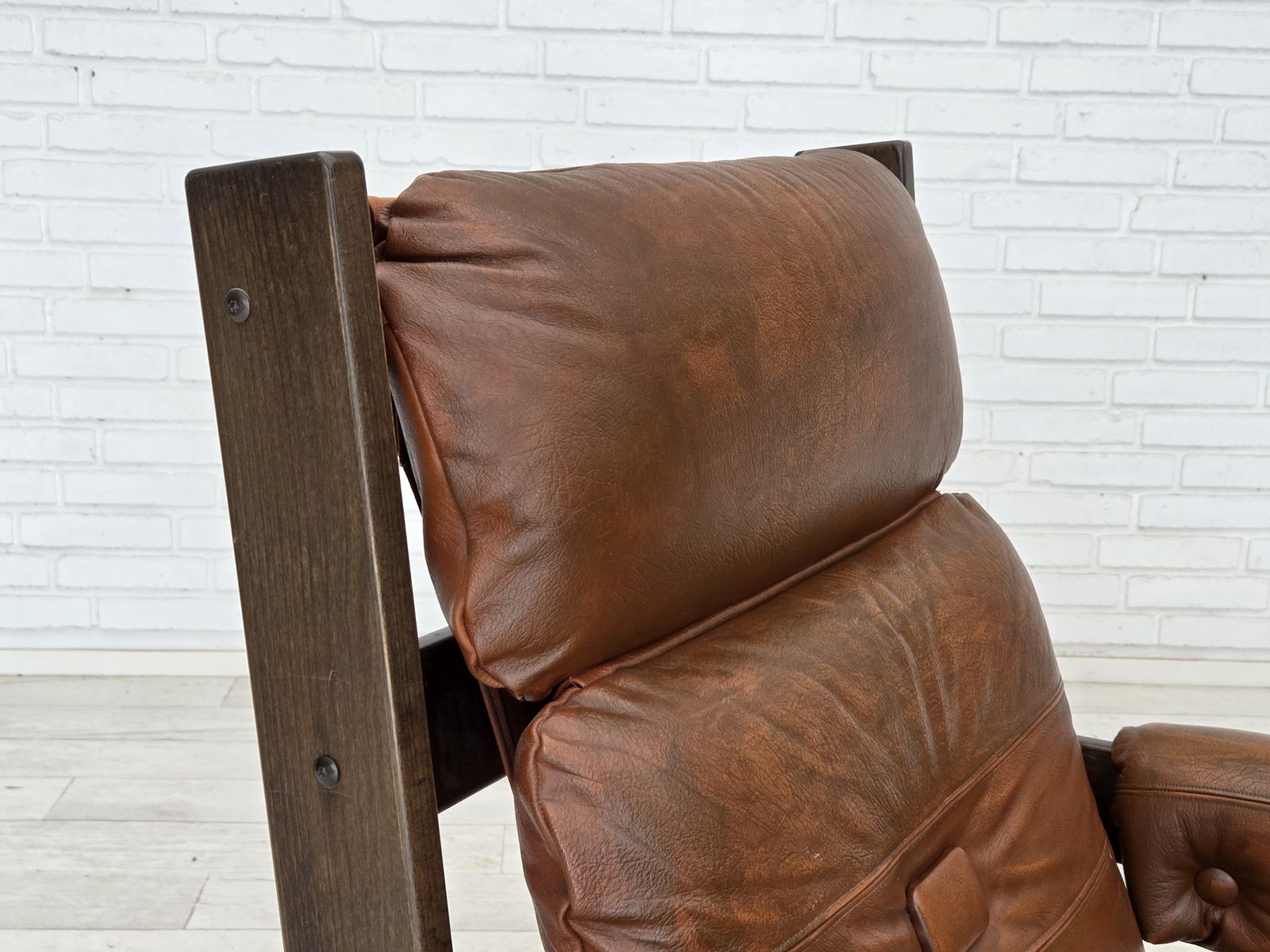 1970s, Scandinavian Armchair, Furniture Leather, Canvas, Oak Wood. photo 990.0