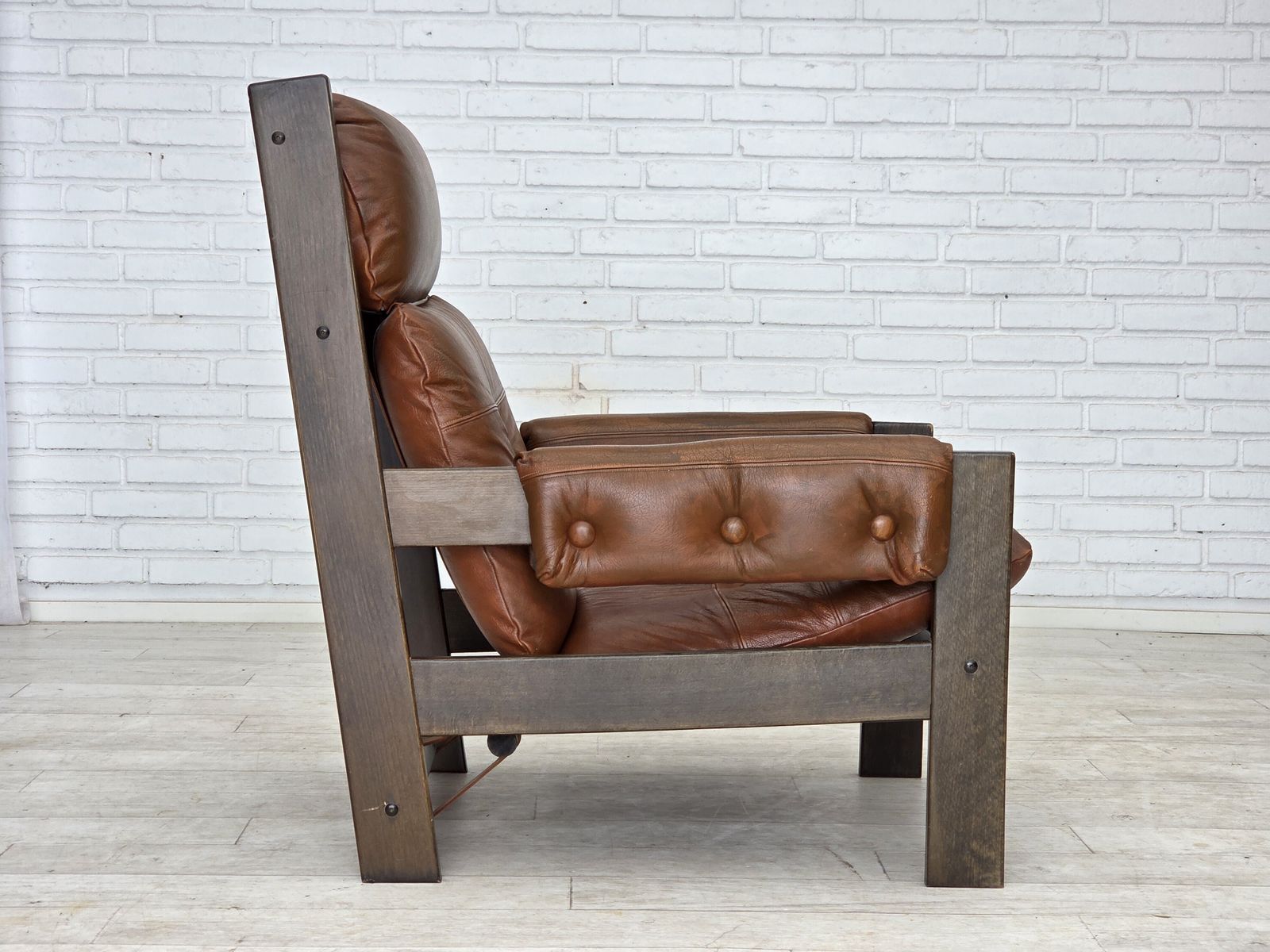 990.0 1970s, Scandinavian Armchair, Furniture Leather, Canvas, Oak Wood. photo
