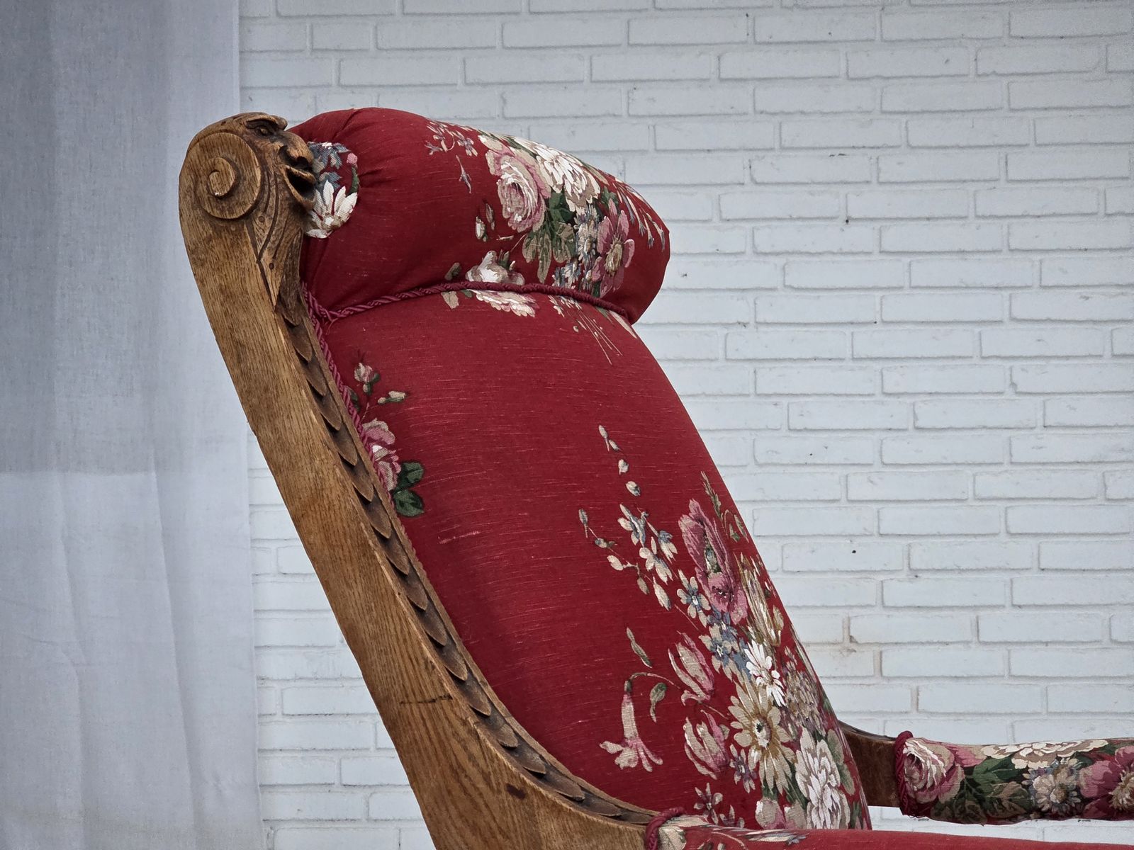 1920 30s, Danish Armchair, Furniture Cotton Fabric, Hand Carved Oak Wood. photo vintage