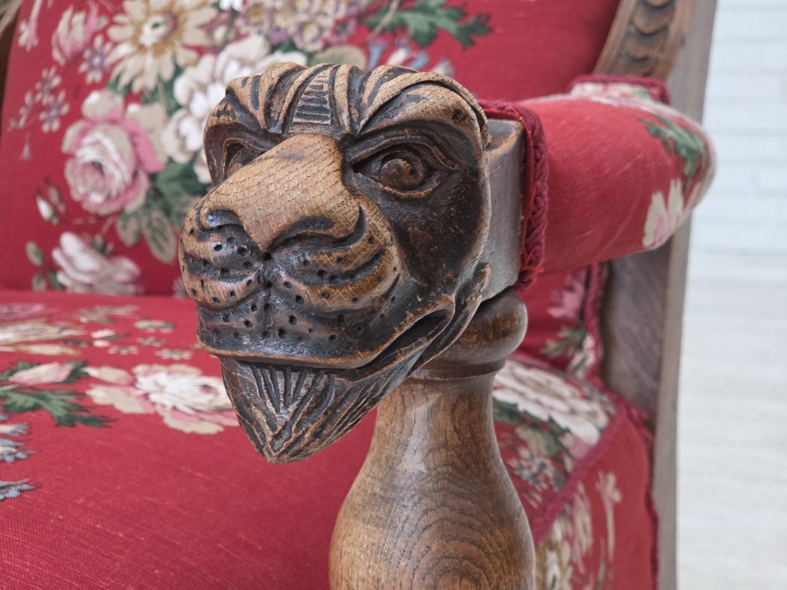 photo for sale 1920 30s, Danish Armchair, Furniture Cotton Fabric, Hand Carved Oak Wood.