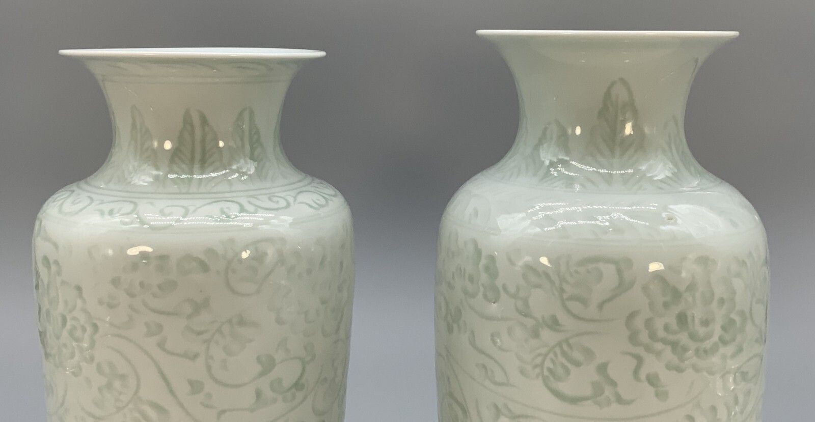 Pair Chinese Meiping Vases Carved Celadon Pale Green Qianlong Mark 20th Century photo Home Decor