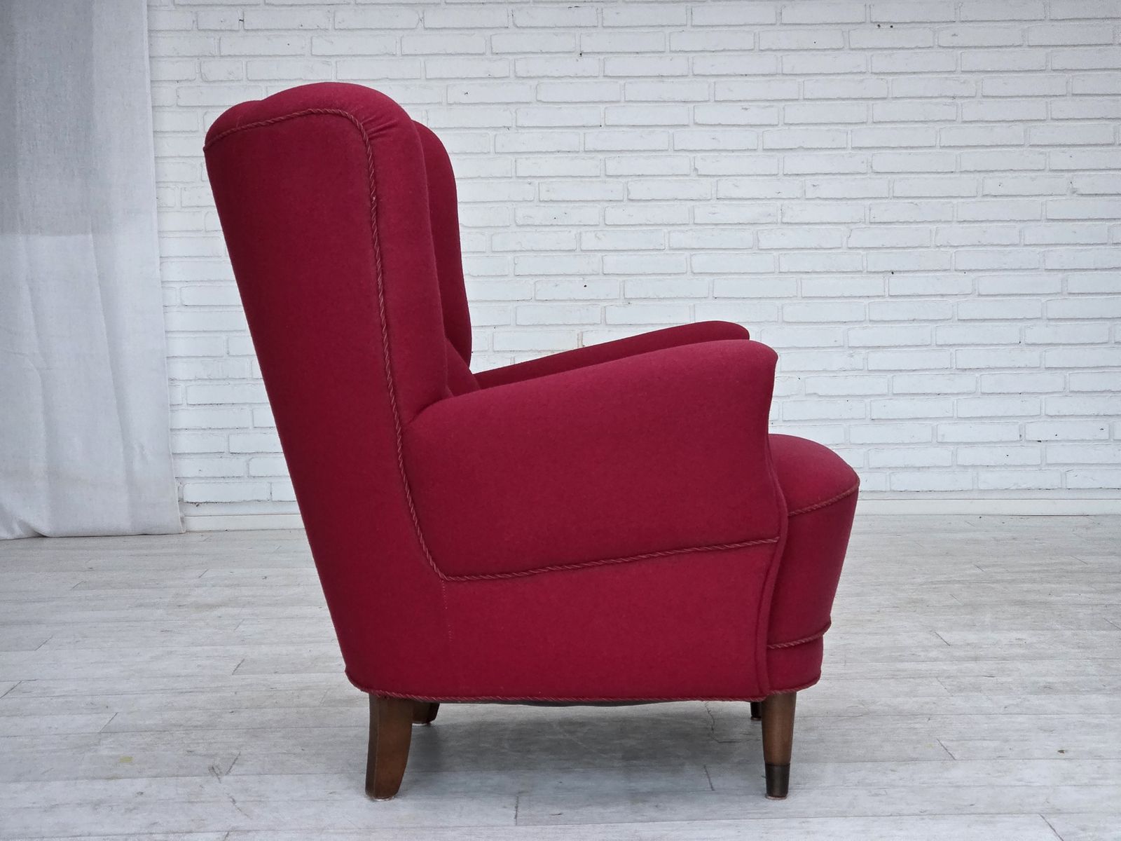 Furniture 1960s, Danish Armchair, Furniture Wool, Beech Wood Legs. photo