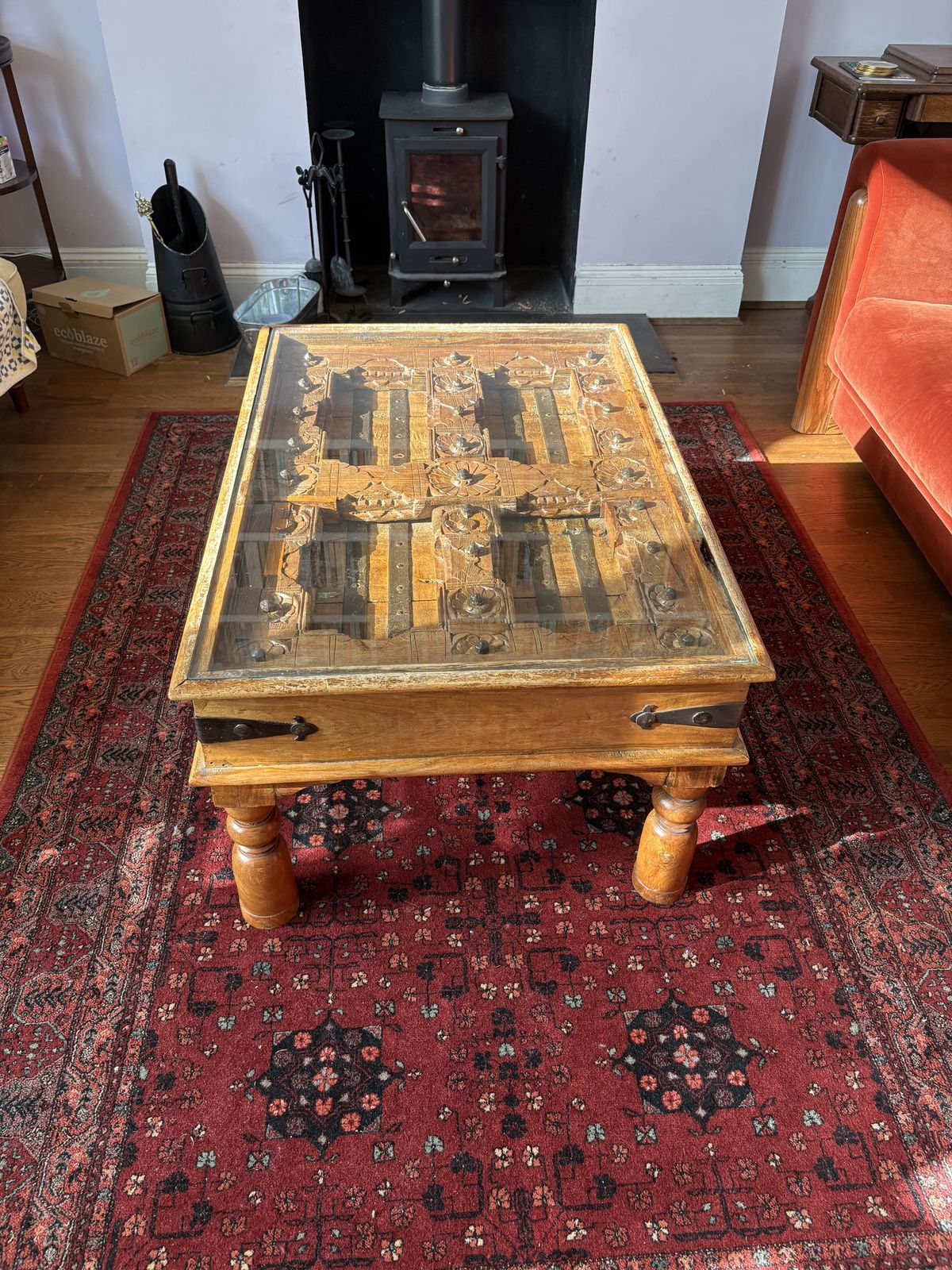 photo furniture Antique Indian Reclaimed Palace Carved Teak Coffee Table