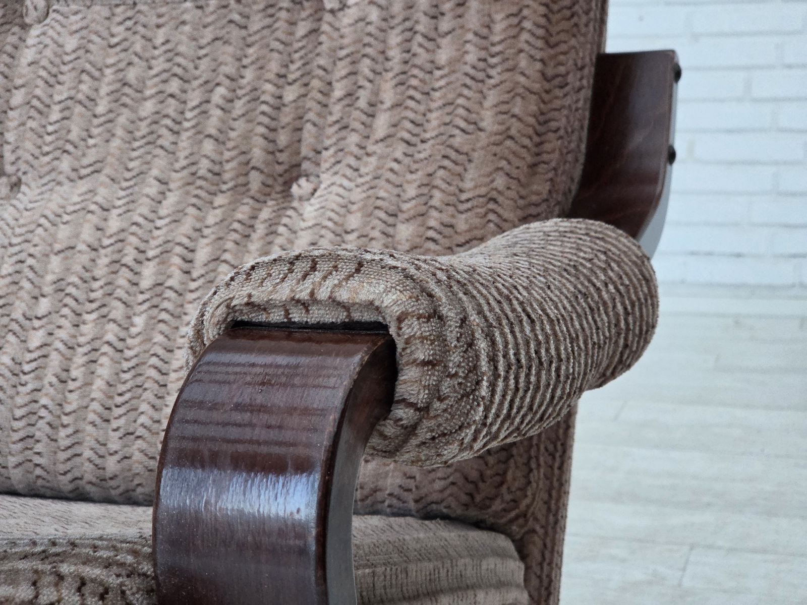 1970s, Danish Armchair, Light Brown Furniture Corduroy, Dark Beech Wood. photo vintage