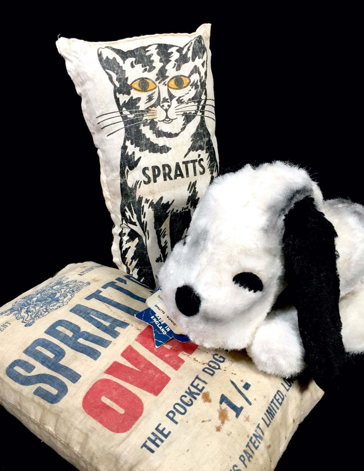 Antique Advertising Chad Valley Spratt's Cuddly Dog Toy & Food Bag Cushions photo 269.0