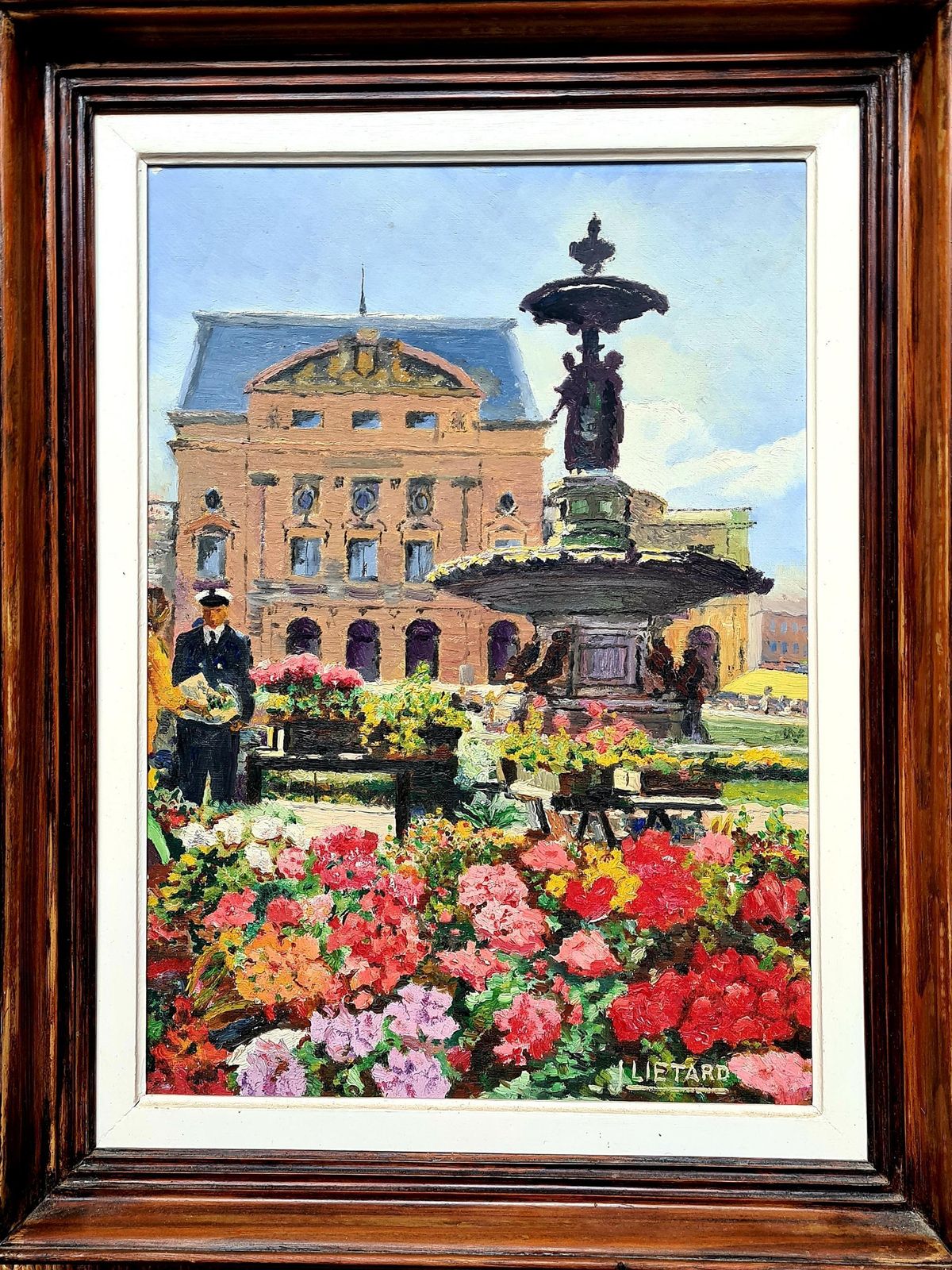 1960s Framed Romantic Oil Painting Of The Flower Market And Theatre De Cherbourg Byj Lietard