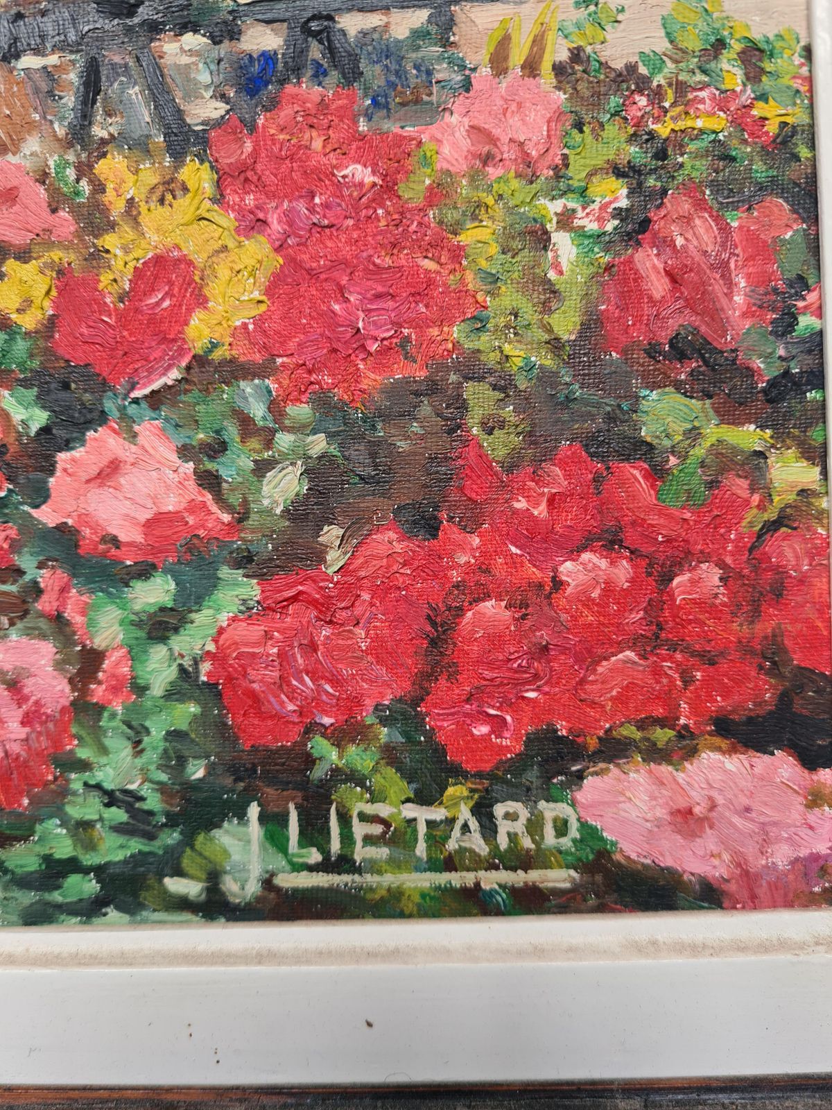 1960s Framed Romantic Oil Painting Of The Flower Market And Theatre De Cherbourg Byj Lietard photo for sale