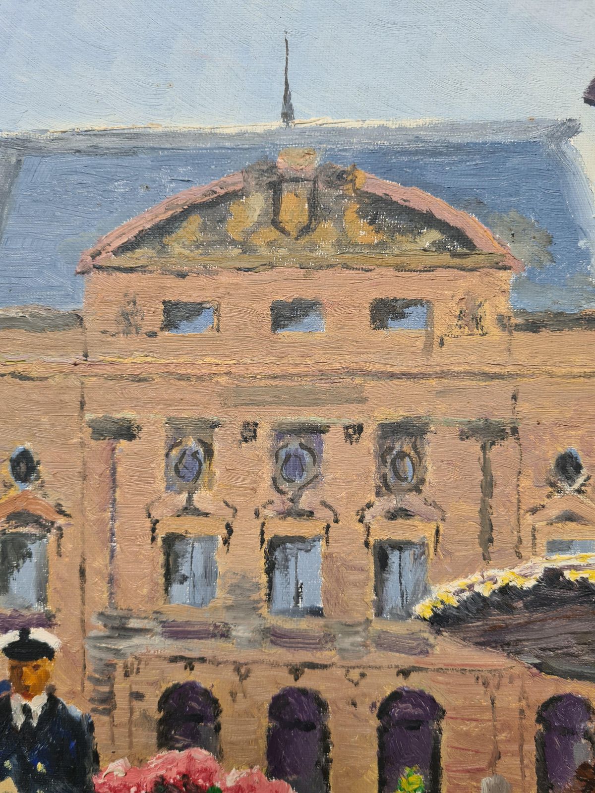 1960s Framed Romantic Oil Painting Of The Flower Market And Theatre De Cherbourg Byj Lietard photo vinterior