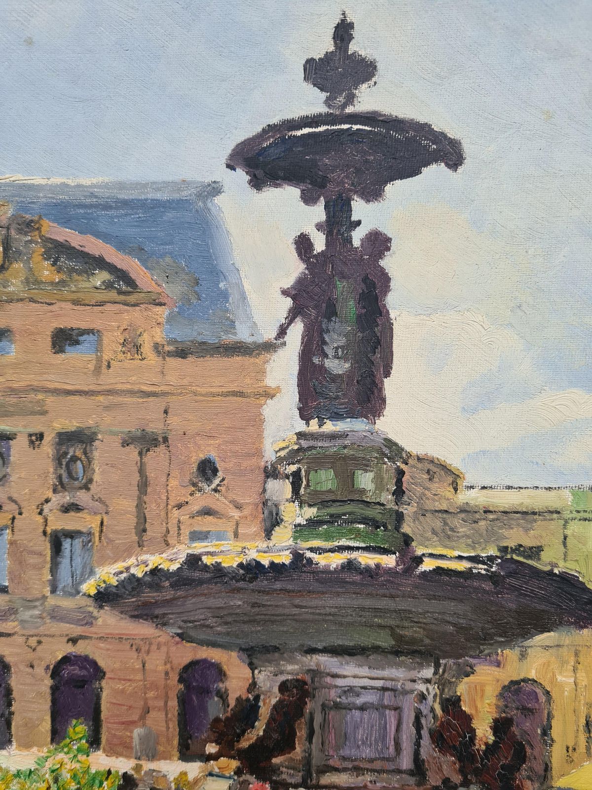 1960s Framed Romantic Oil Painting Of The Flower Market And Theatre De Cherbourg Byj Lietard photo buy