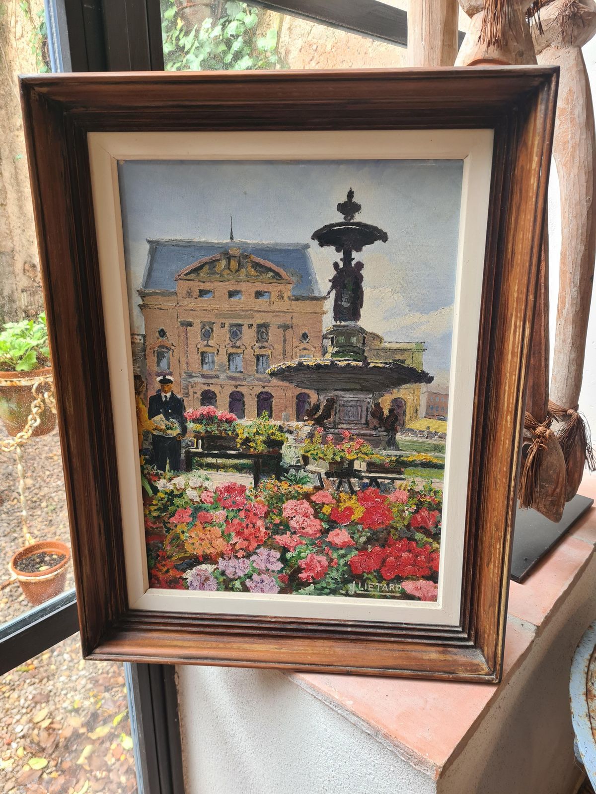 photo for sale 1960s Framed Romantic Oil Painting Of The Flower Market And Theatre De Cherbourg Byj Lietard