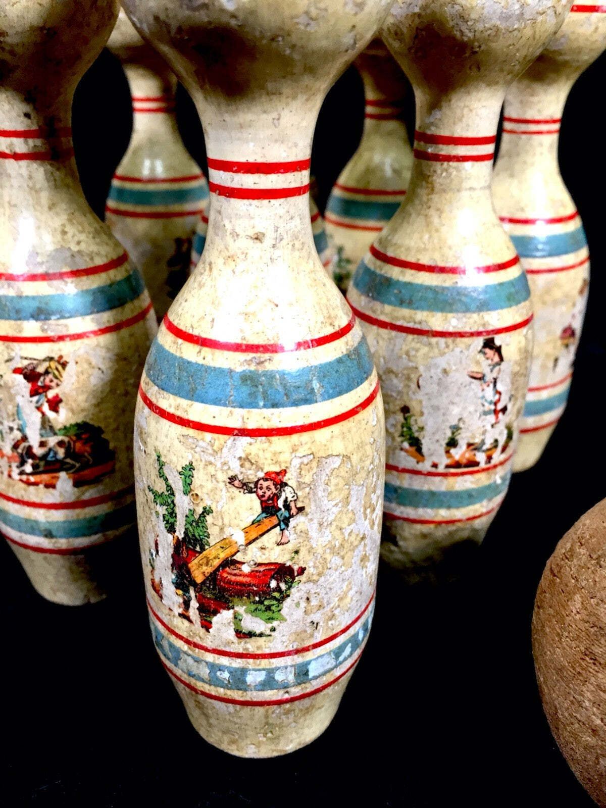 Antique Set Of Early 20th Century Wooden Skittles And Ball Game  Bowling C.1900 photo Home Decor
