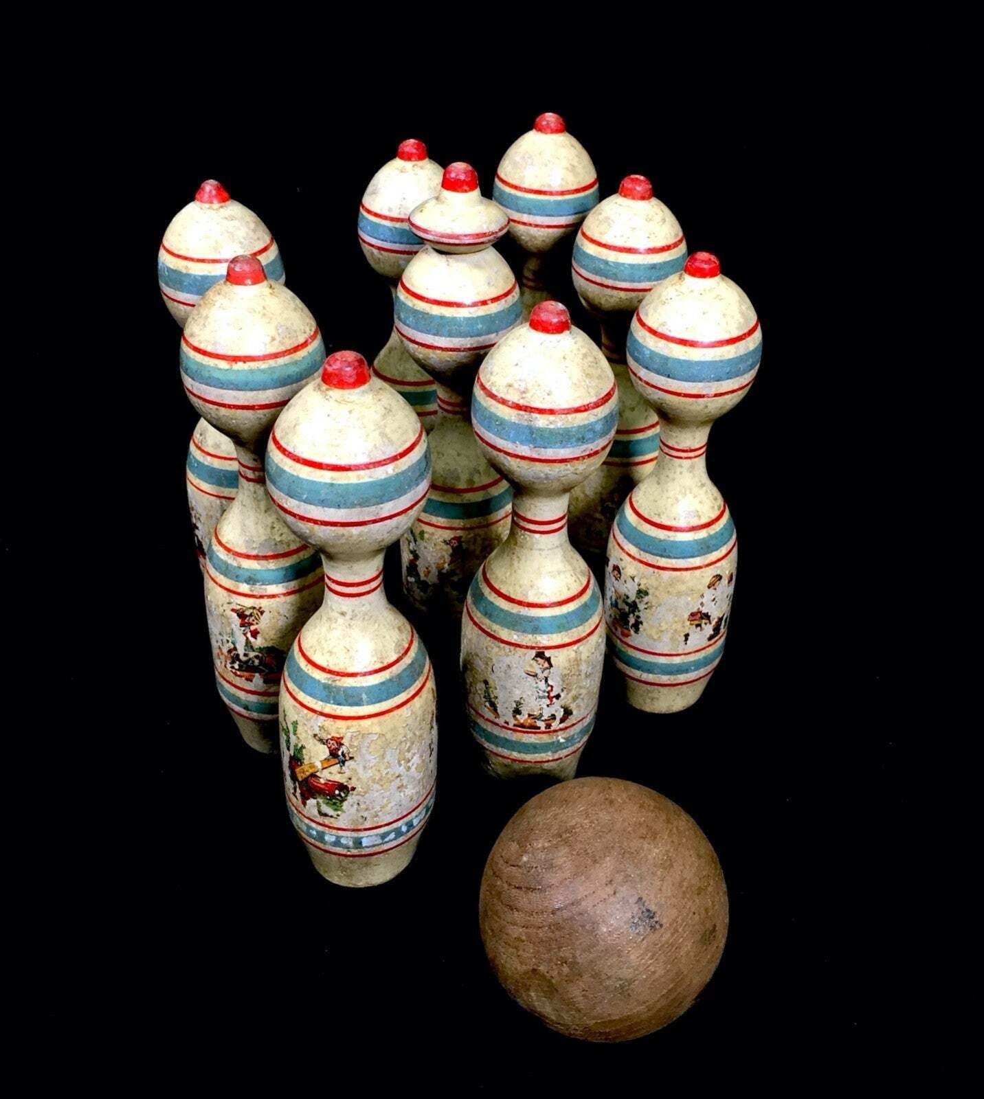 Antique Set Of Early 20th Century Wooden Skittles And Ball Game  Bowling C.1900 photo 139.0