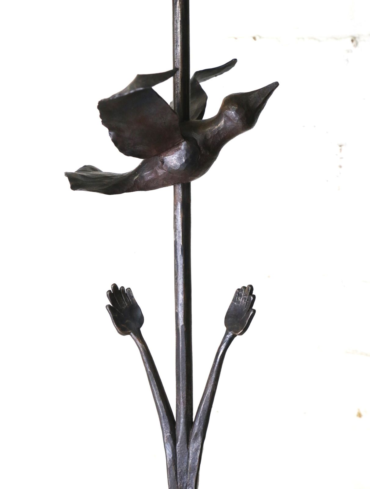 A Unique & Large Wrought Iron Sculptural Candlestick Featuring A Bird And Hands Freedom Beautifully Made