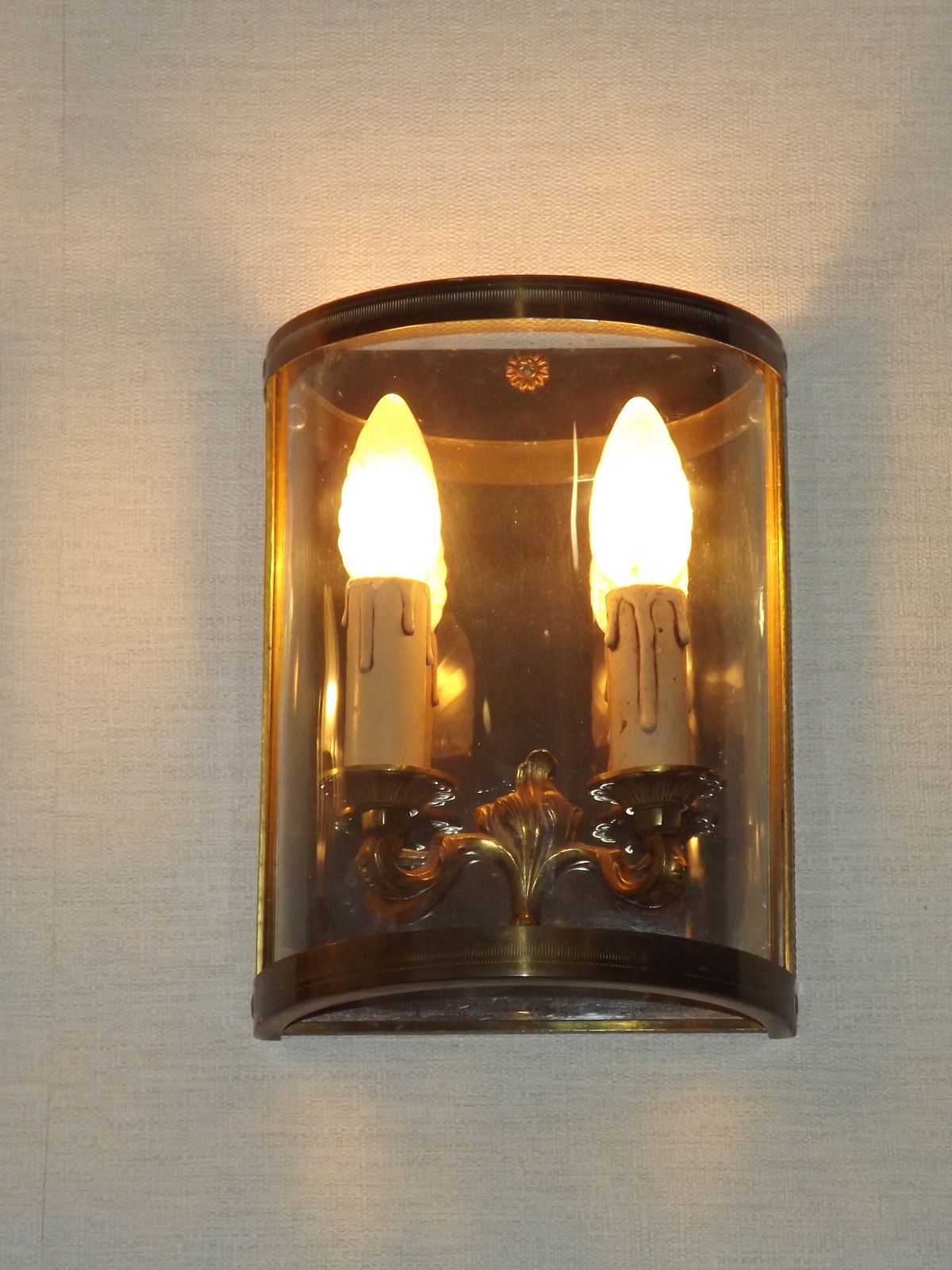 Pair Of French Mid Century Double Brass And Chrome Wall Sconces With Half Round Glass Fronts photo buy