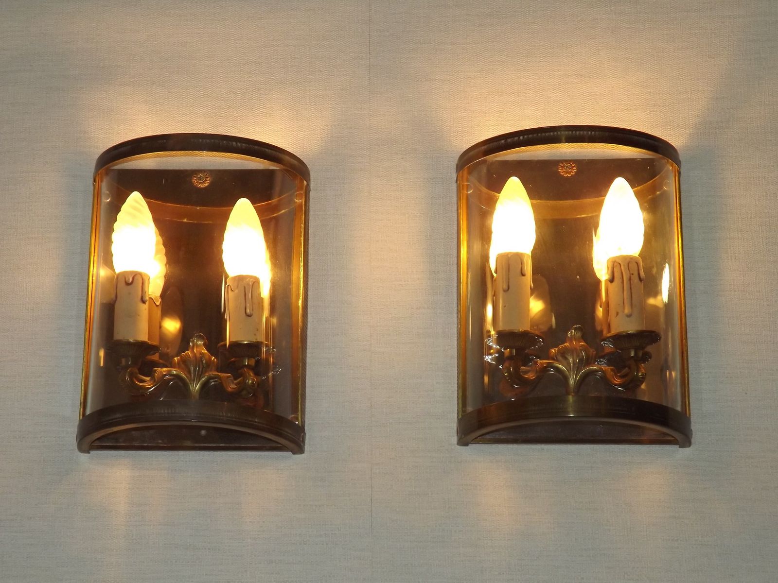 Pair Of French Mid Century Double Brass And Chrome Wall Sconces With Half Round Glass Fronts photo 275.0