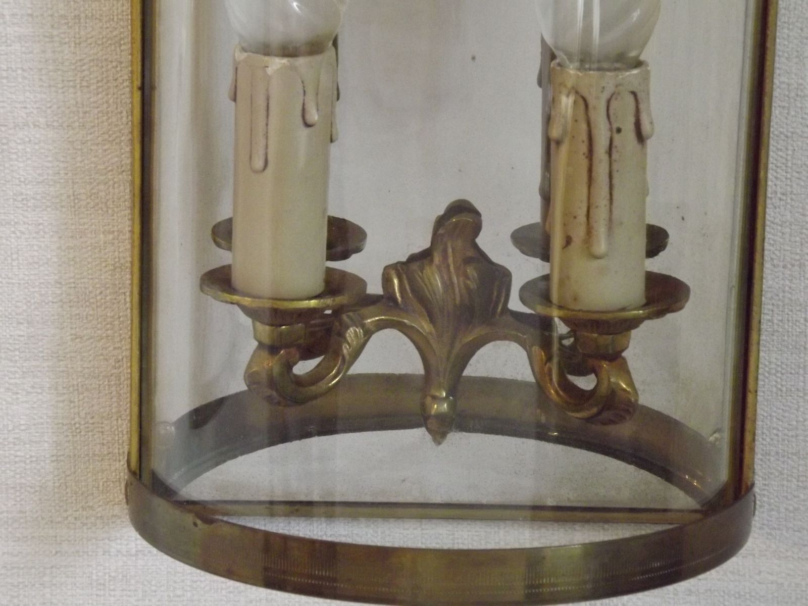 photo for sale Pair Of French Mid Century Double Brass And Chrome Wall Sconces With Half Round Glass Fronts
