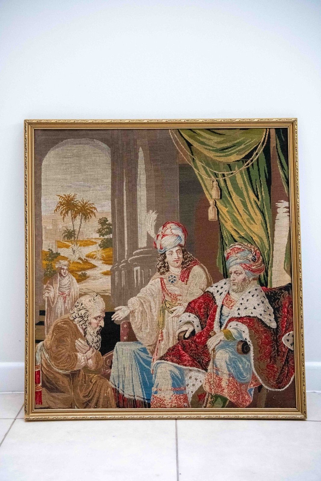 Large Antique Continental Needlepoint Tapestry Picture, Biblical  Scene, C.1890 photo furniture