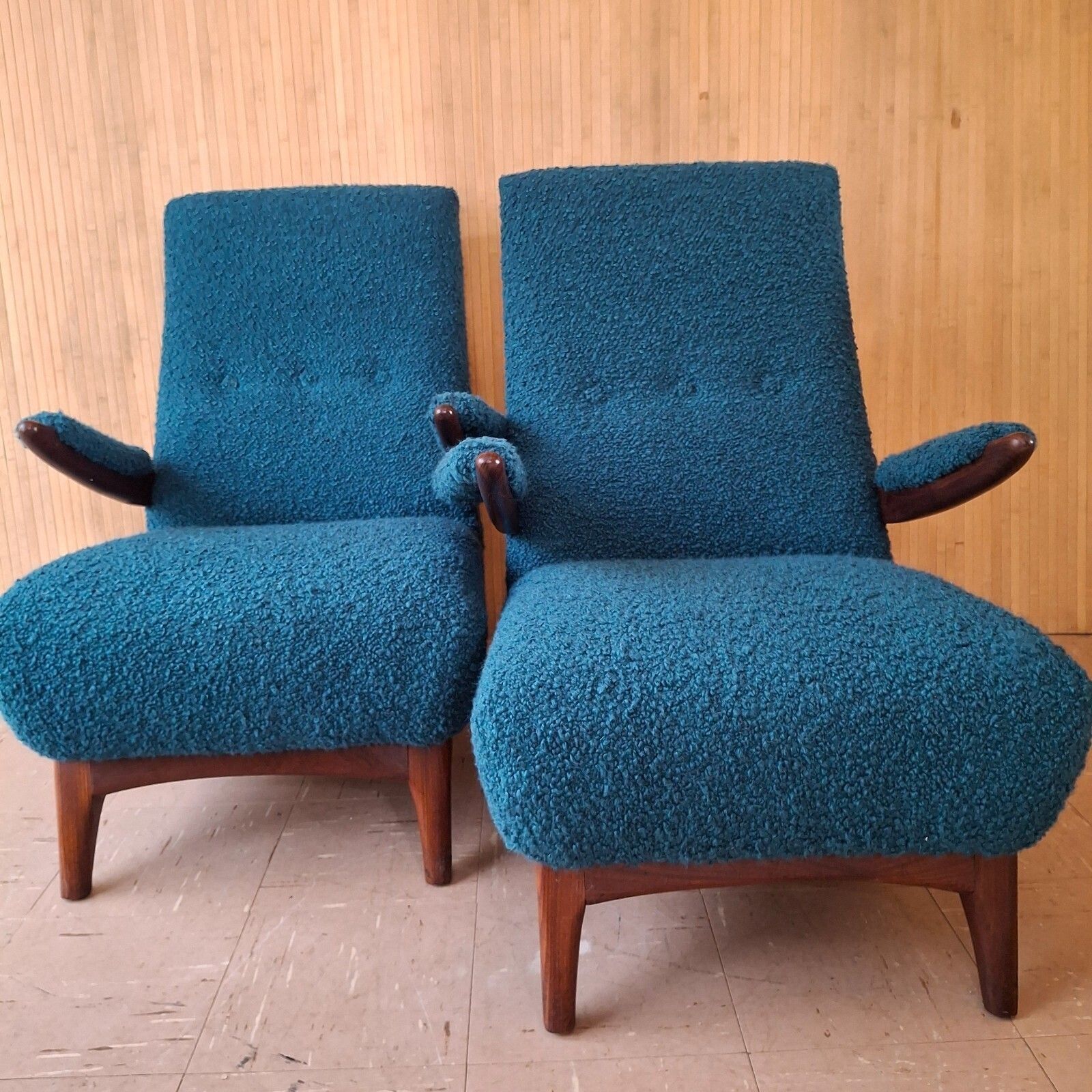 2000.0 Fab Vintage Pair Greaves & Thomas Teak Lounge Armchairs & Footstools Designers Guild Boucle photo