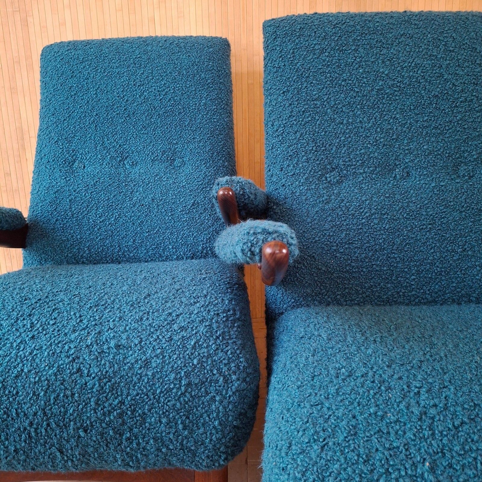 photo vinterior Fab Vintage Pair Greaves & Thomas Teak Lounge Armchairs & Footstools Designers Guild Boucle