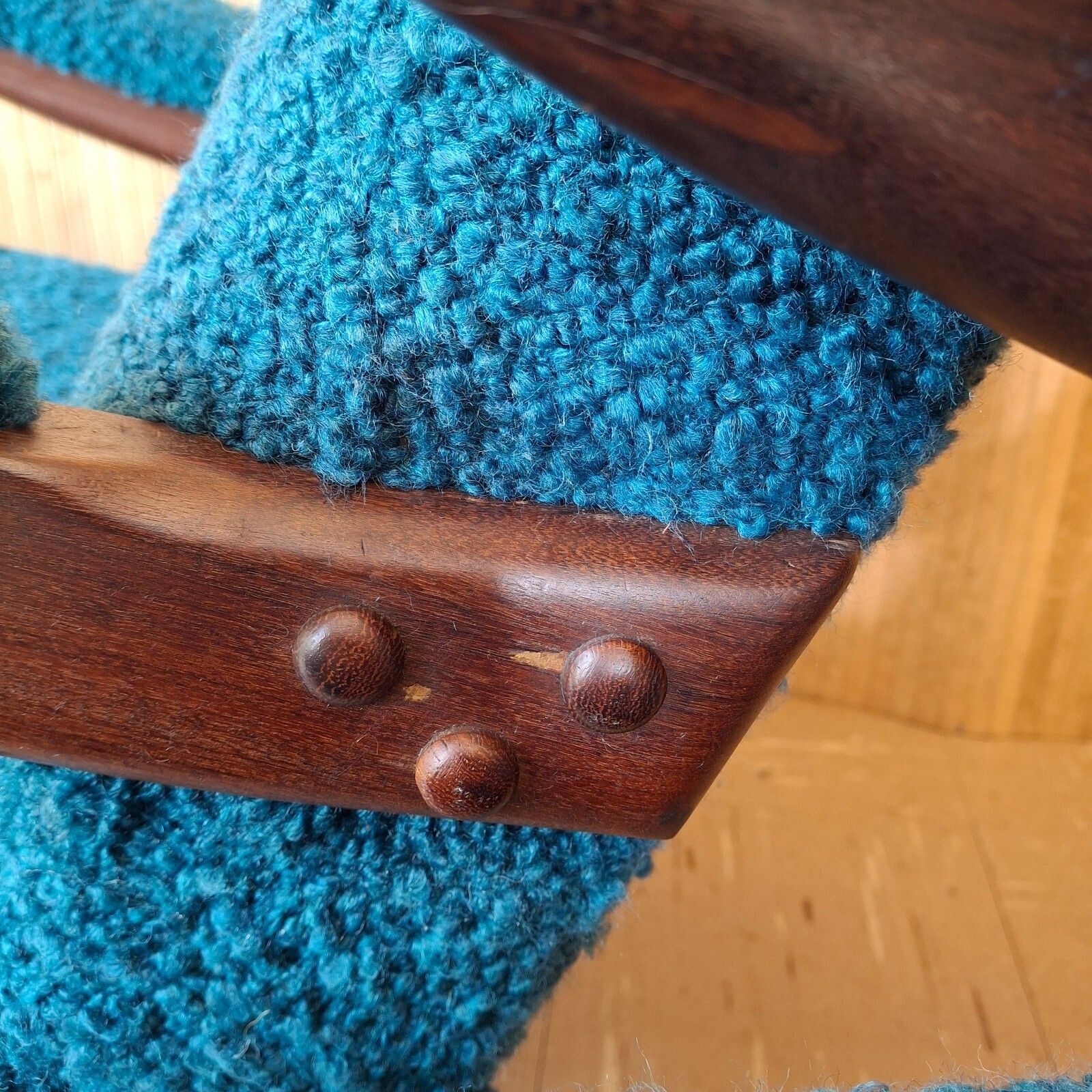 photo buy Fab Vintage Pair Greaves & Thomas Teak Lounge Armchairs & Footstools Designers Guild Boucle