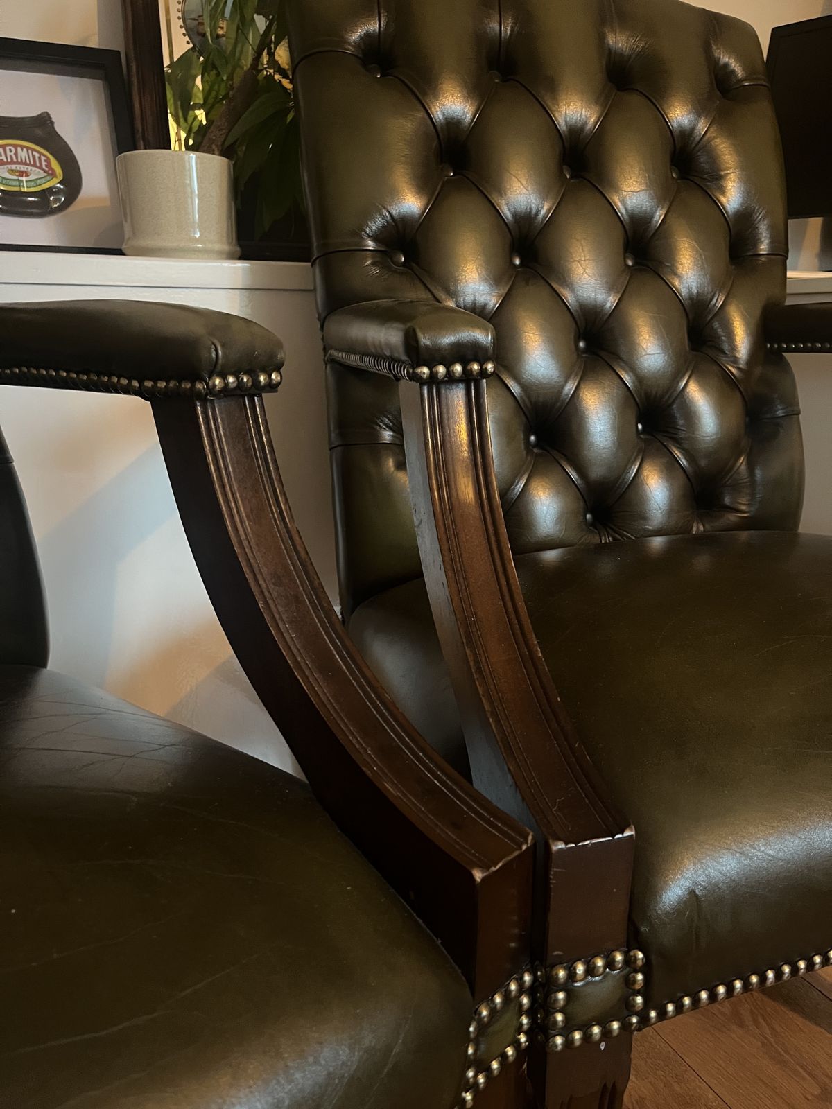 #2 Exceptional Vintage Dark Green Leather Gainsborough Carver Armchair With Classic Chesterfield Buttoning photo for sale