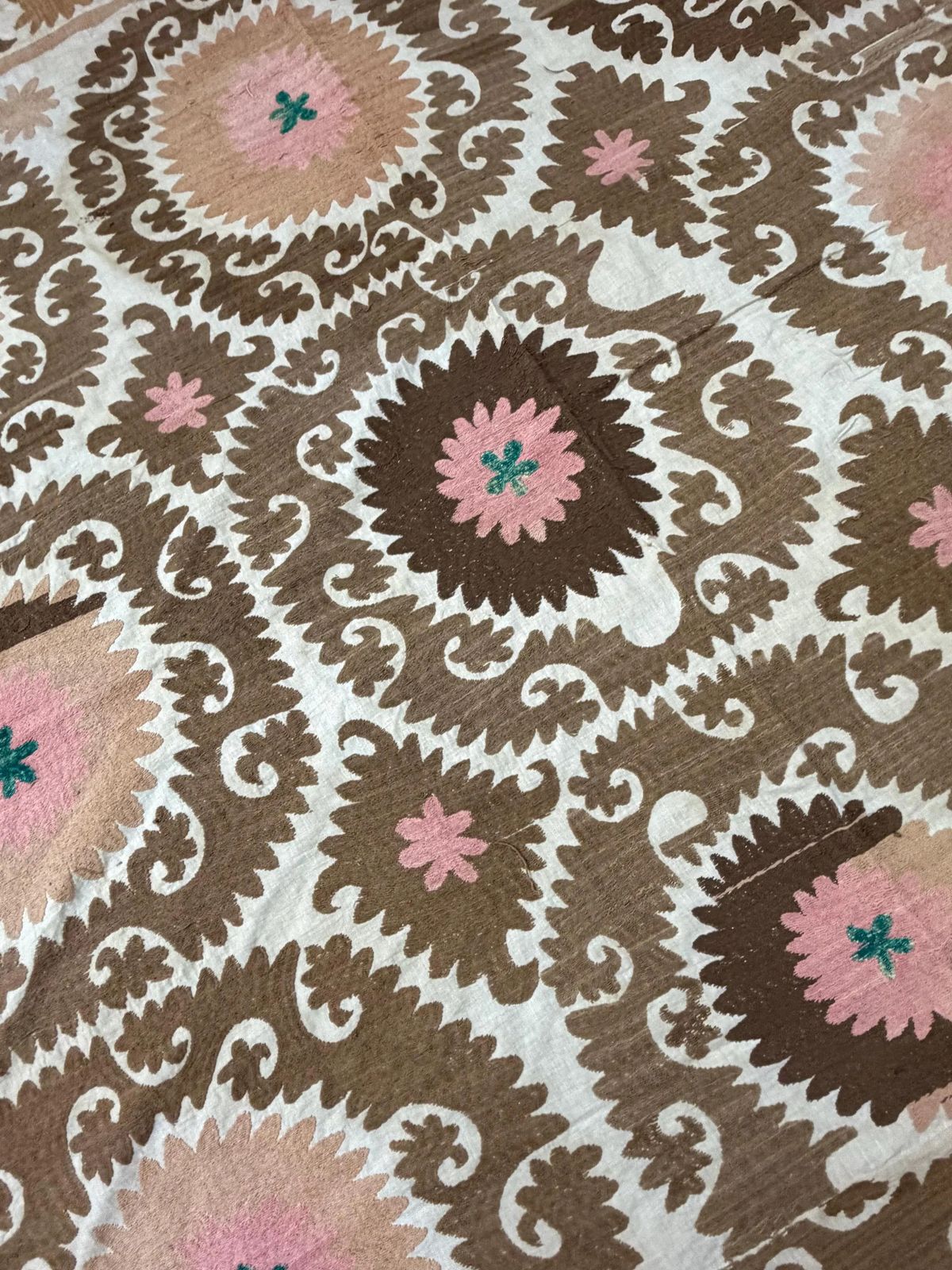 Vintage Uzbek Suzani Rug, Warm Camel Brown & Muted Rose, Hand Embroidered Textile photo vinterior
