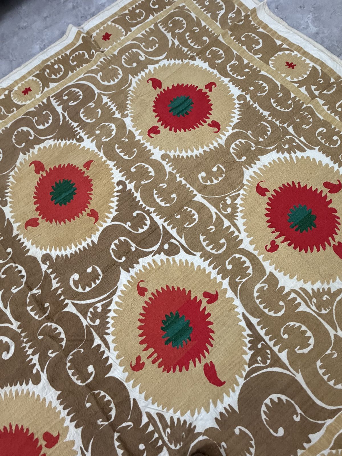 Vintage Uzbek Suzani Textile, Camel Brown, Coral Red & Emerald Green Medallions Bedspread photo buy