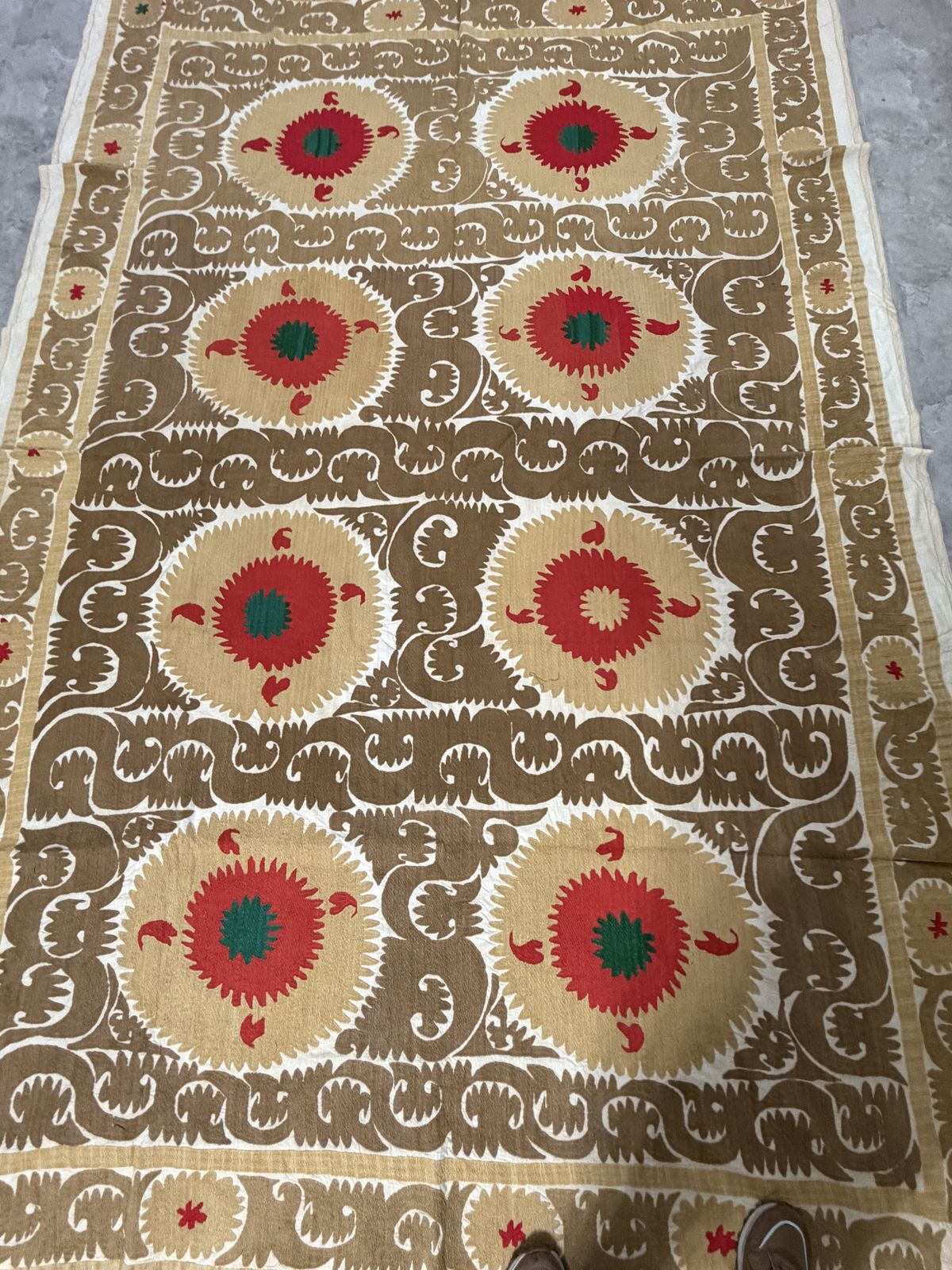 photo furniture Vintage Uzbek Suzani Textile, Camel Brown, Coral Red & Emerald Green Medallions Bedspread